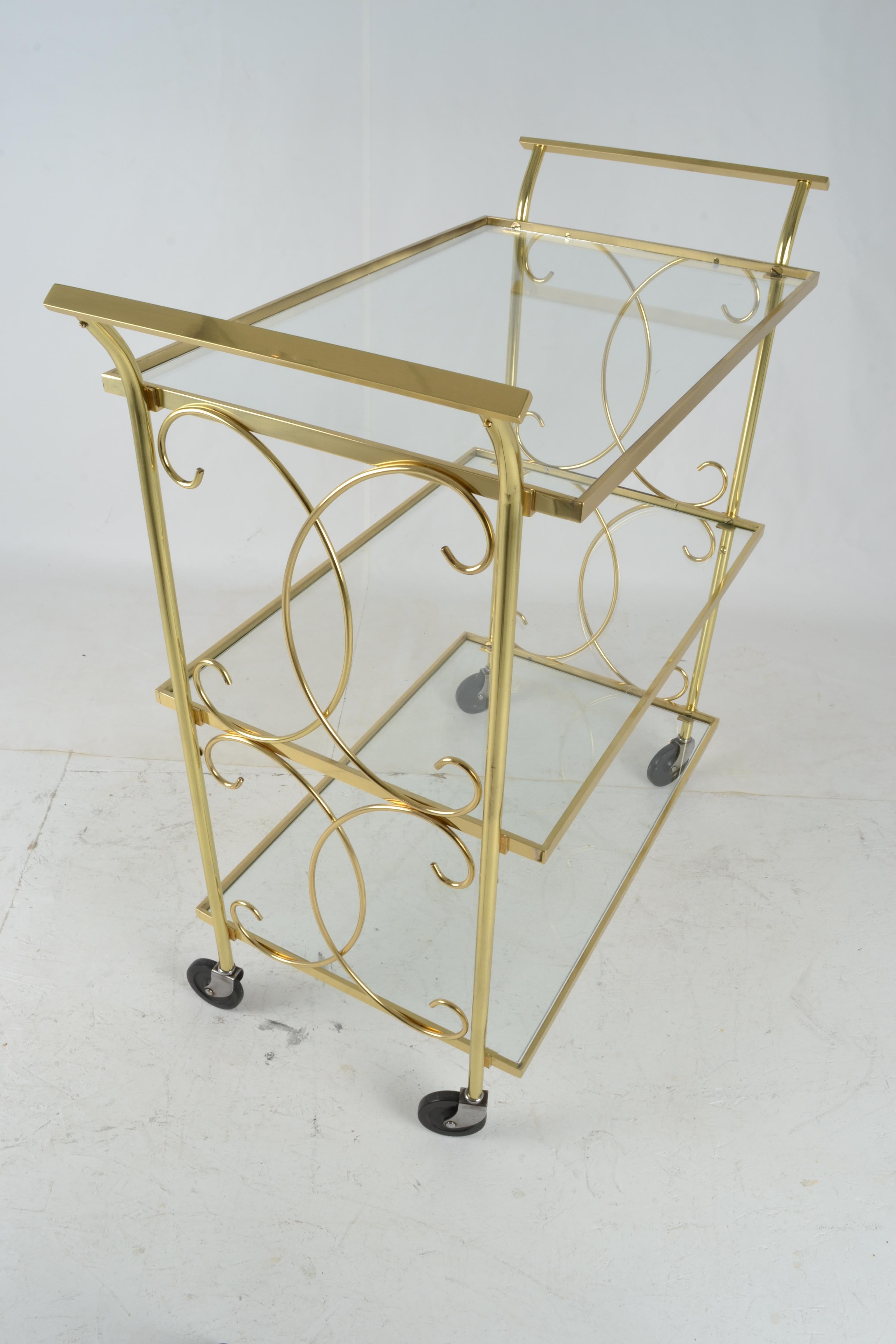 Art Deco Brass Drinks Cart with Decorative Scroll Work For Sale