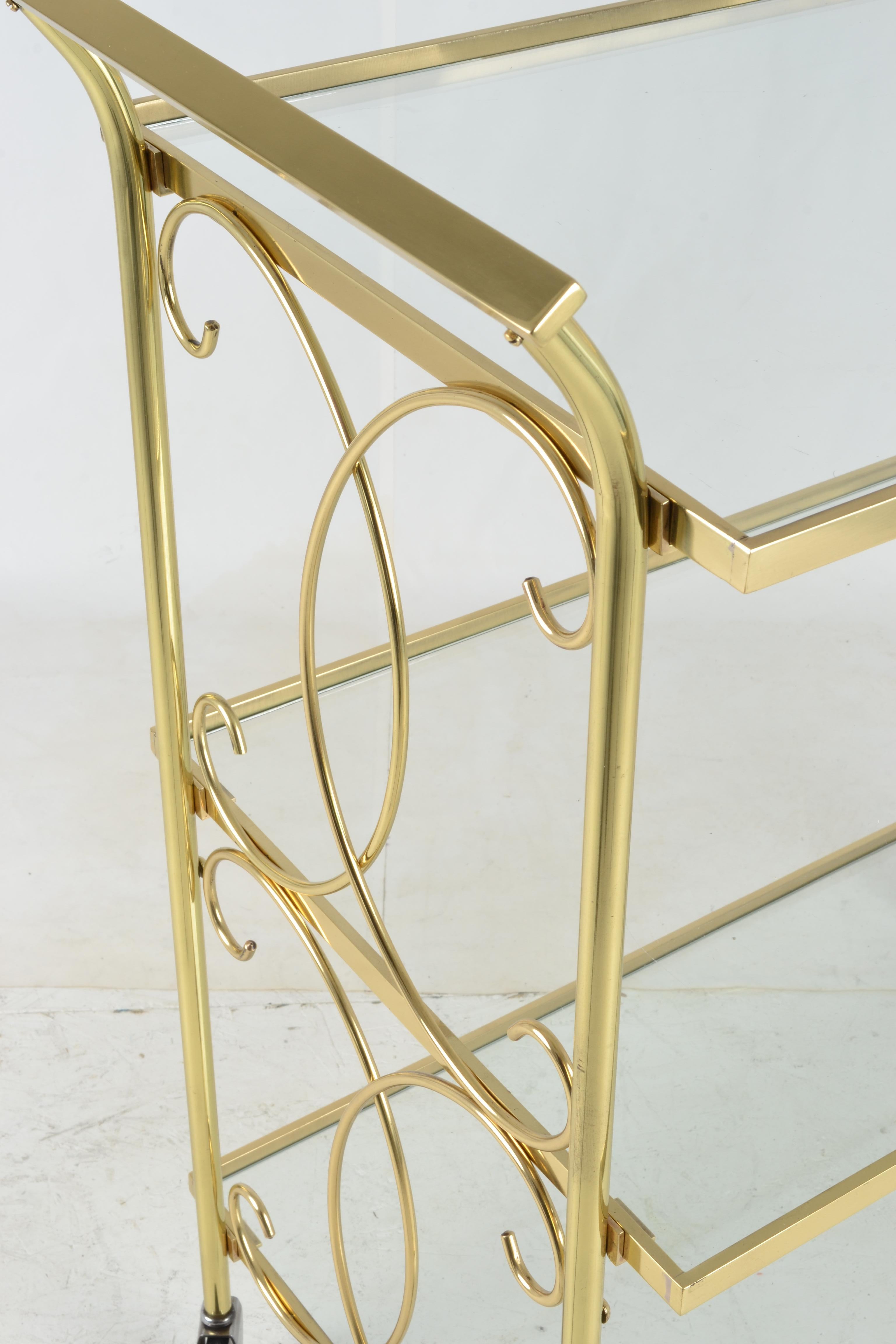 Mid-20th Century Brass Drinks Cart with Decorative Scroll Work For Sale