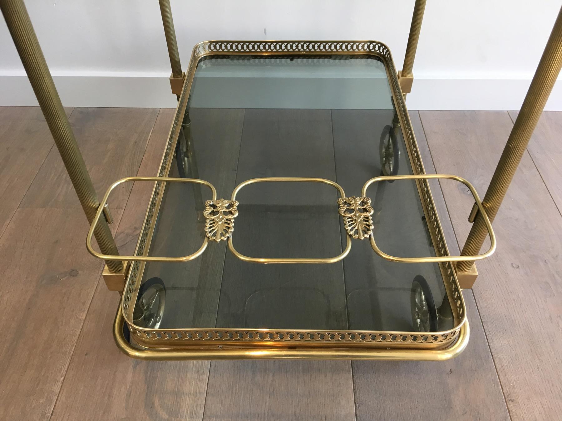 Brass Drinks Trolley with Blueish Glass shelves by Maison Jansen For Sale 4