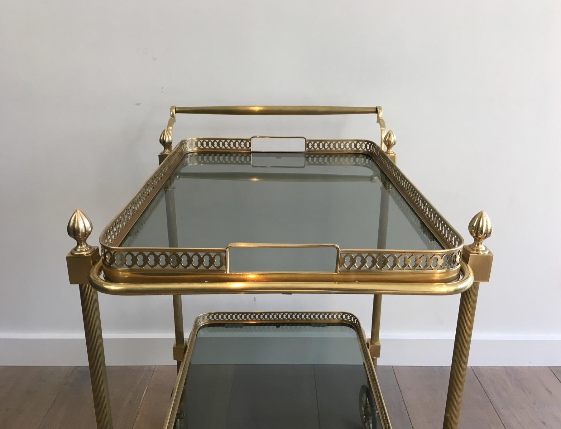 Brass Drinks Trolley with Blueish Glass shelves by Maison Jansen For Sale 5