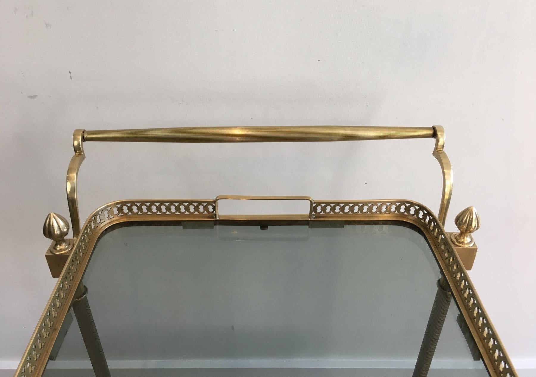 Brass Drinks Trolley with Blueish Glass shelves by Maison Jansen For Sale 6