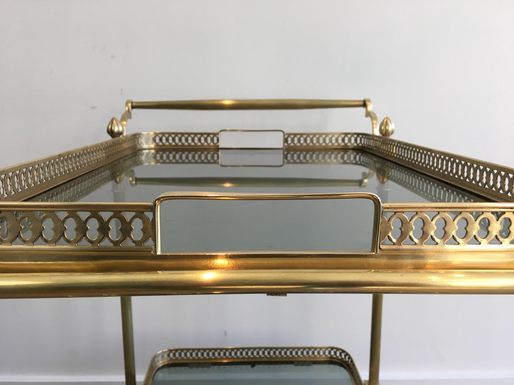 Brass Drinks Trolley with Blueish Glass shelves by Maison Jansen For Sale 7