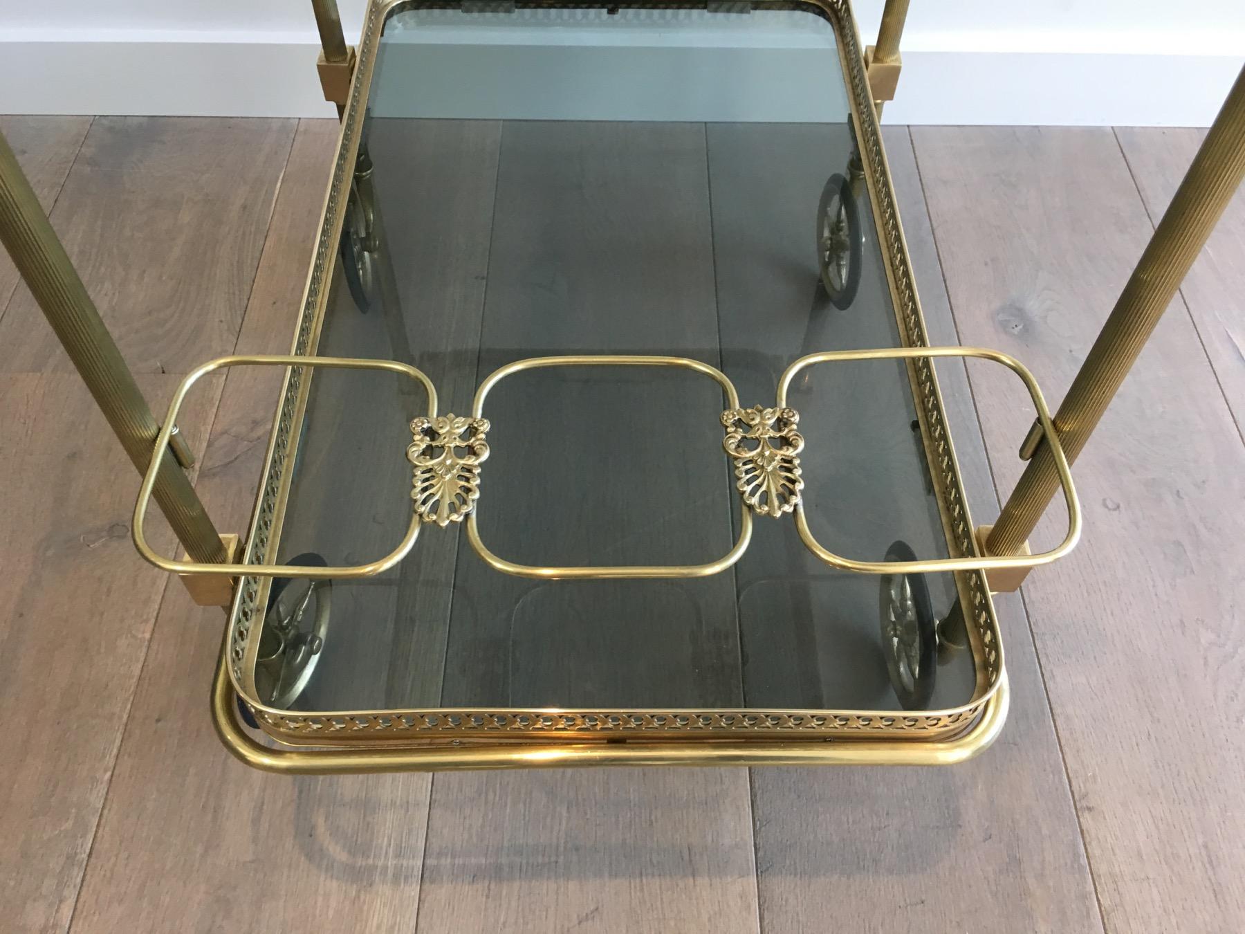 Brass Drinks Trolley with Blueish Glass shelves by Maison Jansen For Sale 11