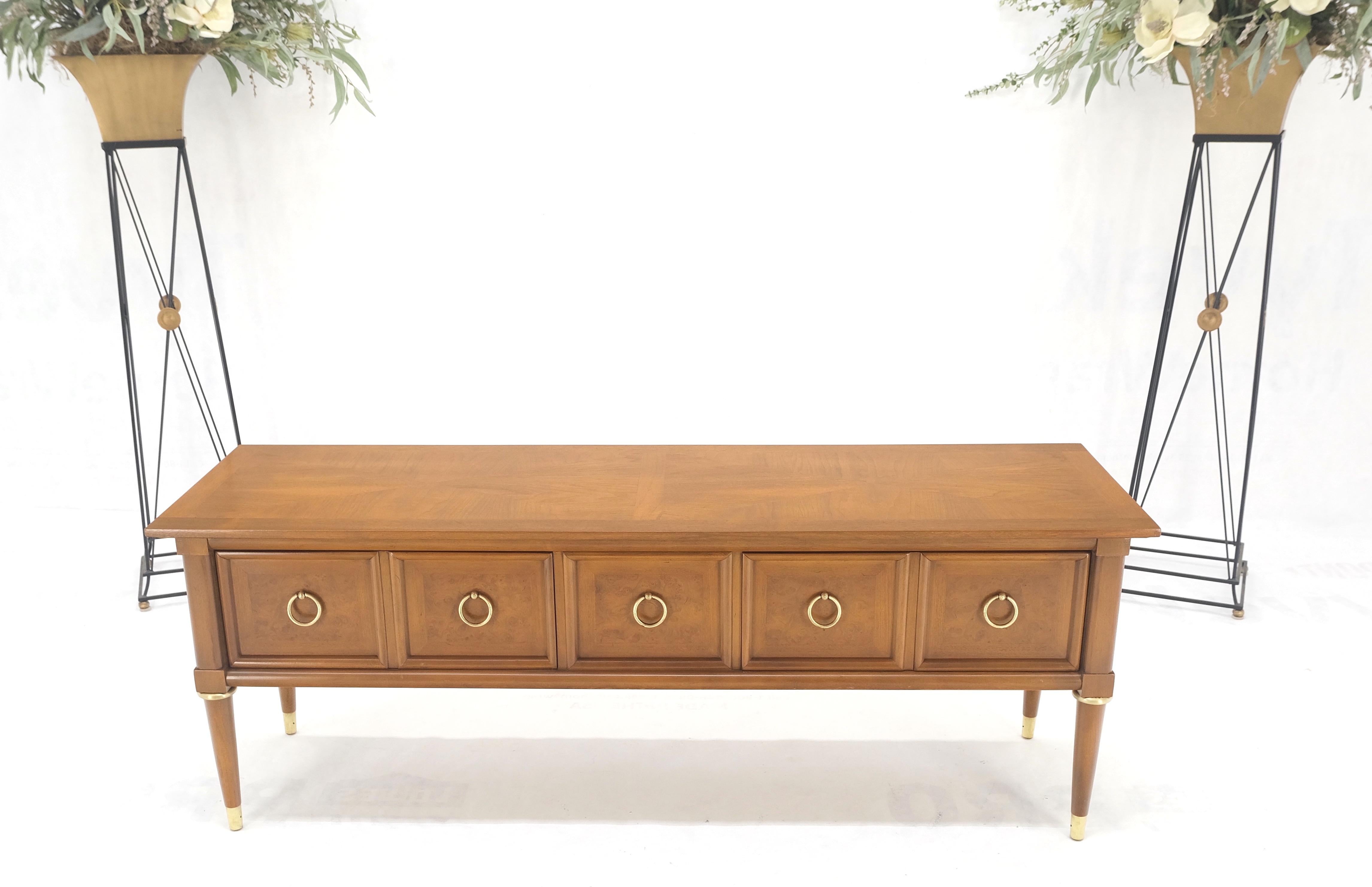 American Brass Drop Rings Pulls Low Profile Tapered Legs Long Credenza Mid Century MINT! For Sale