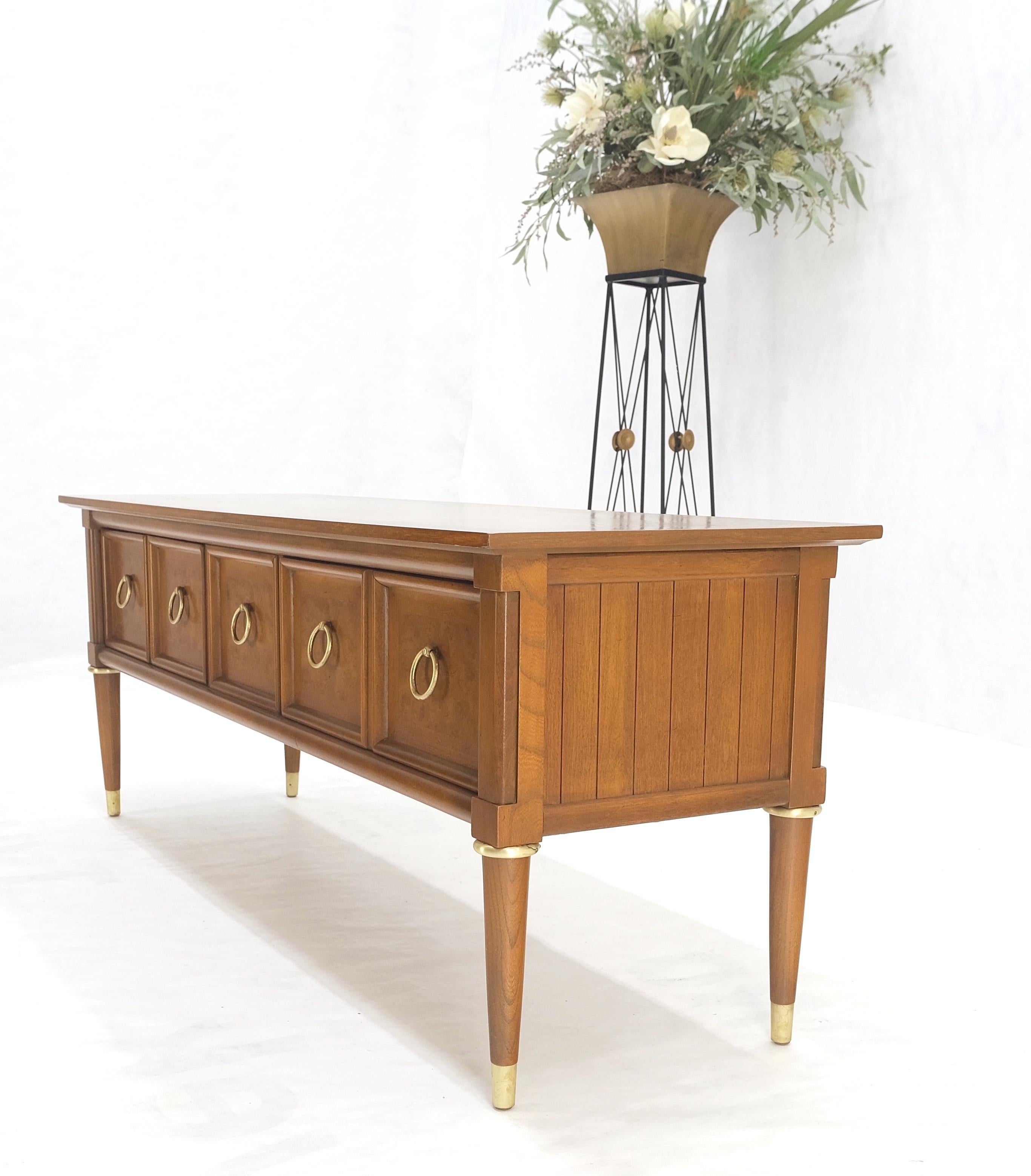 Walnut Brass Drop Rings Pulls Low Profile Tapered Legs Long Credenza Mid Century MINT! For Sale