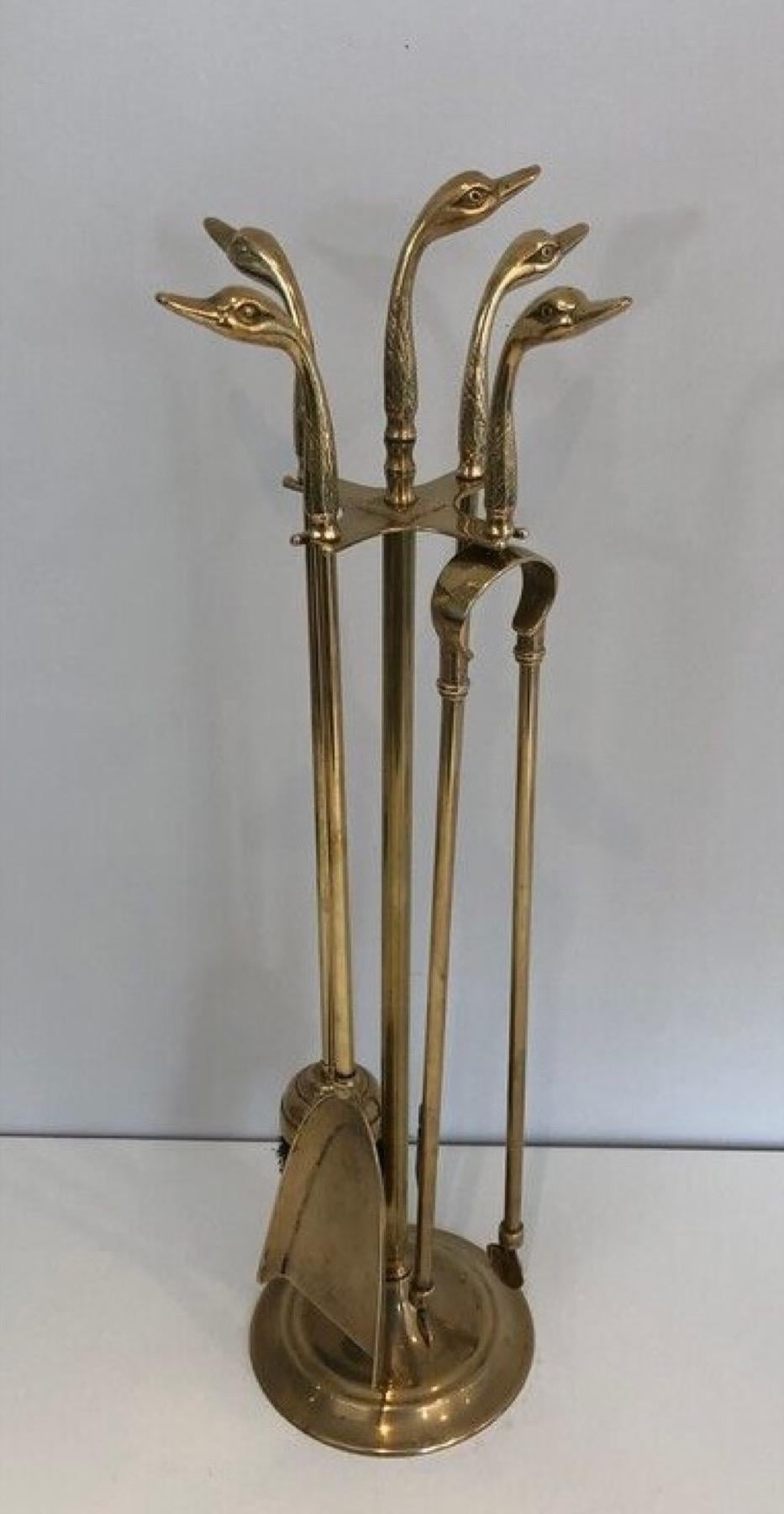 Pair of Brass Duck Heads Fireplace Tools on Stand In the Style of Maison Jansen 4