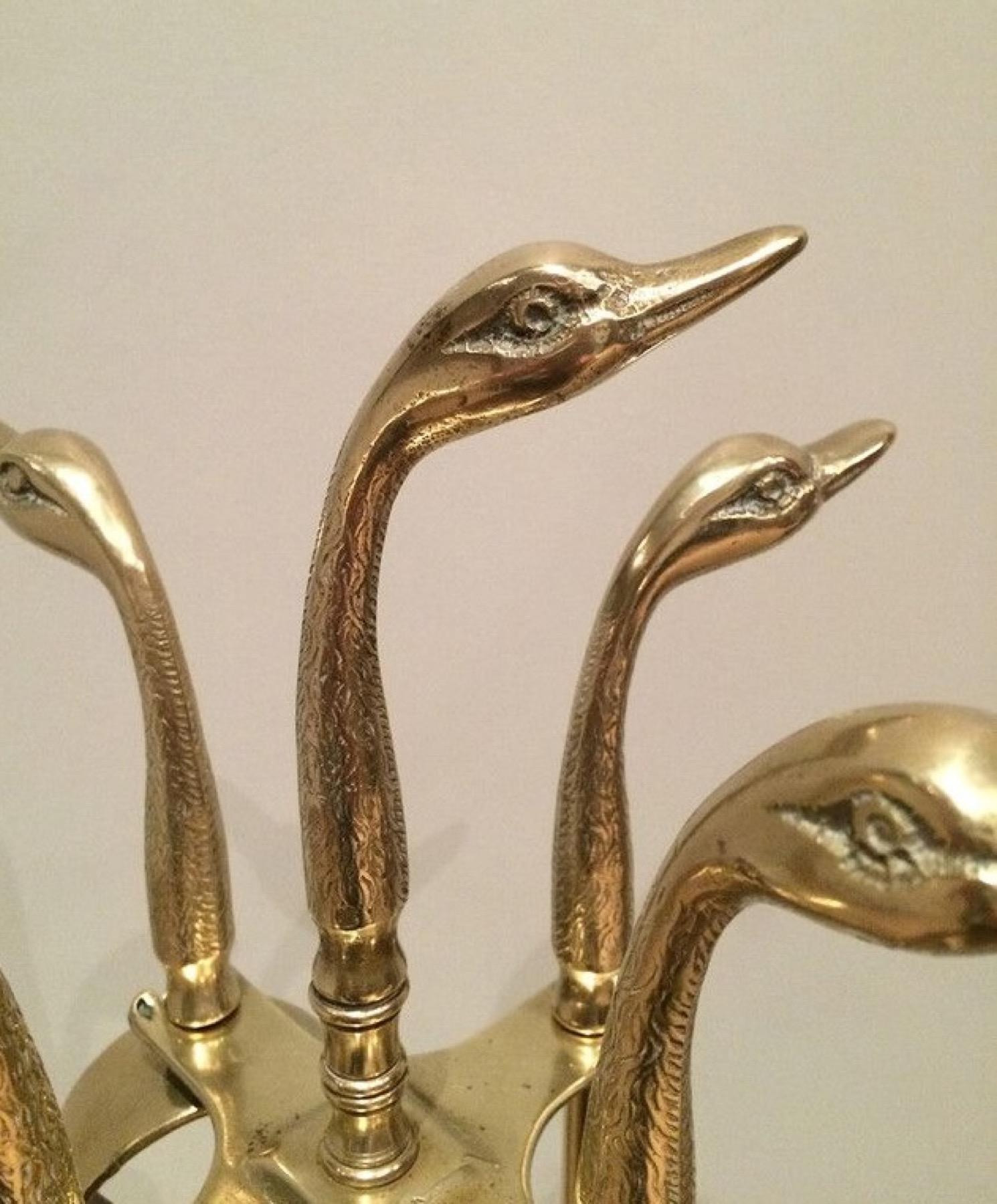 Neoclassical Pair of Brass Duck Heads Fireplace Tools on Stand In the Style of Maison Jansen