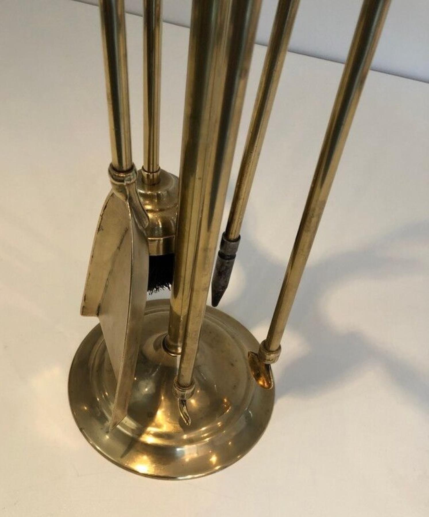 French Pair of Brass Duck Heads Fireplace Tools on Stand In the Style of Maison Jansen