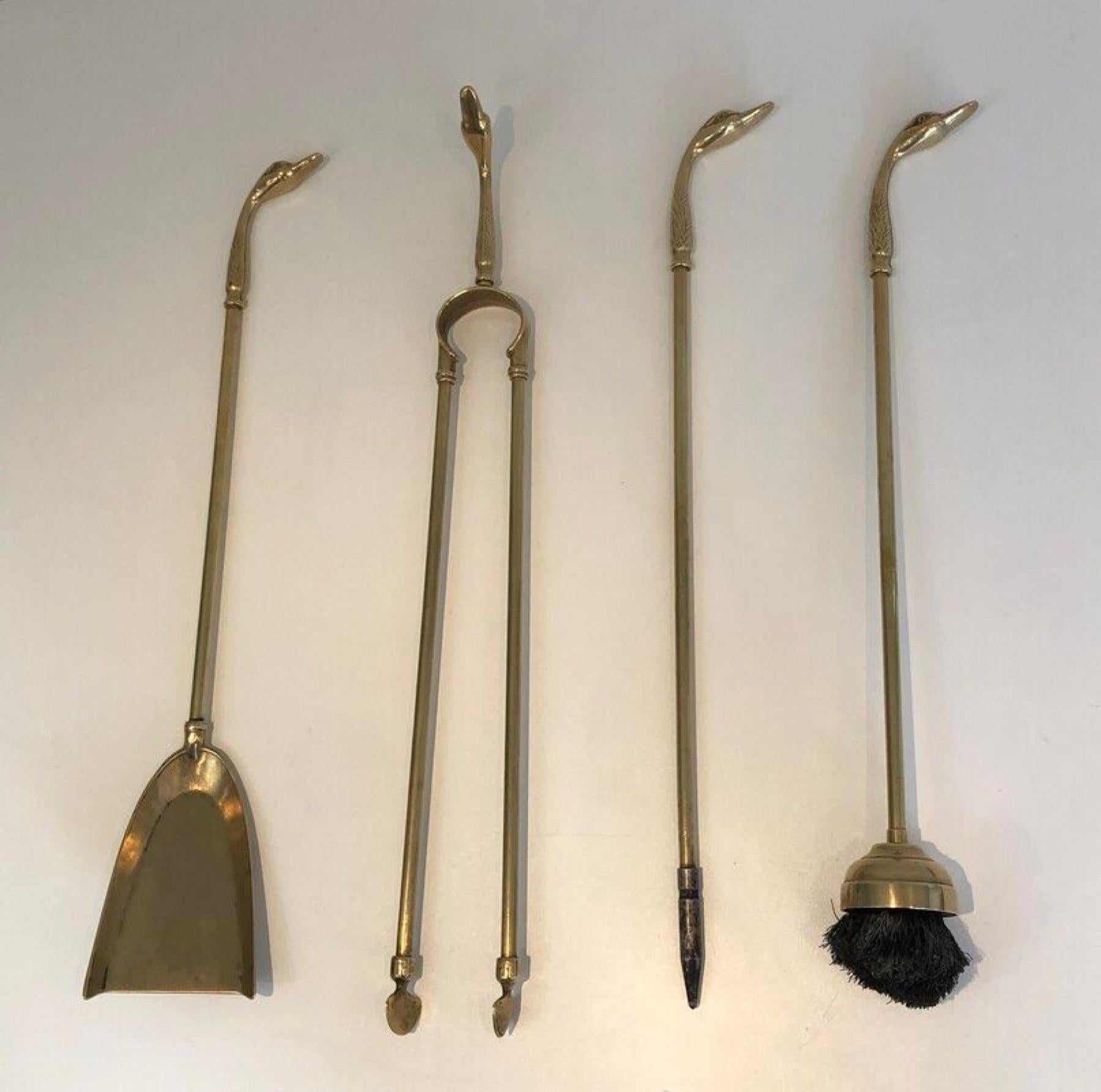Mid-20th Century Pair of Brass Duck Heads Fireplace Tools on Stand In the Style of Maison Jansen