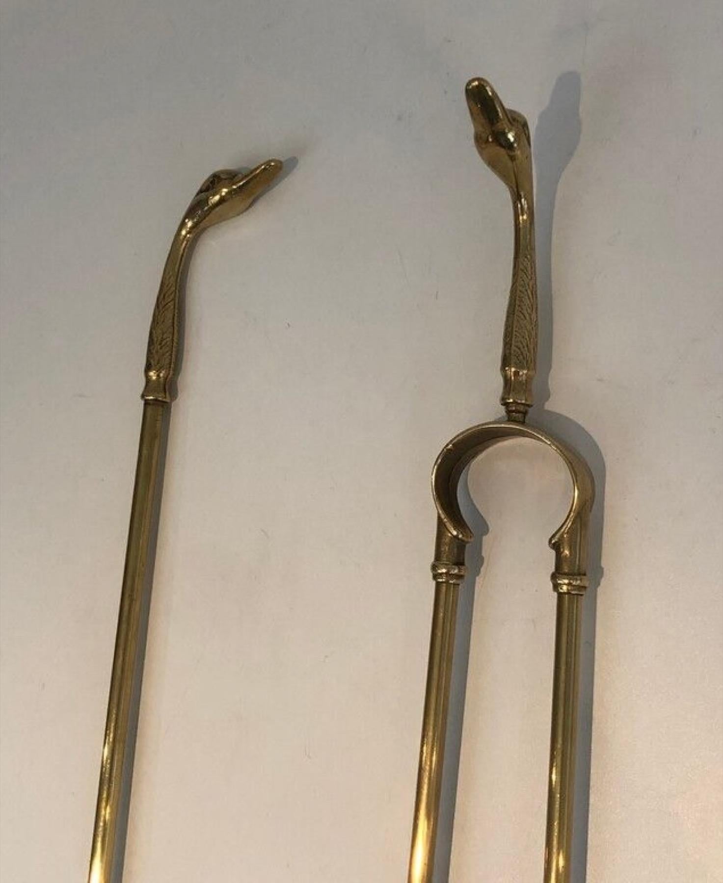 Pair of Brass Duck Heads Fireplace Tools on Stand In the Style of Maison Jansen 1
