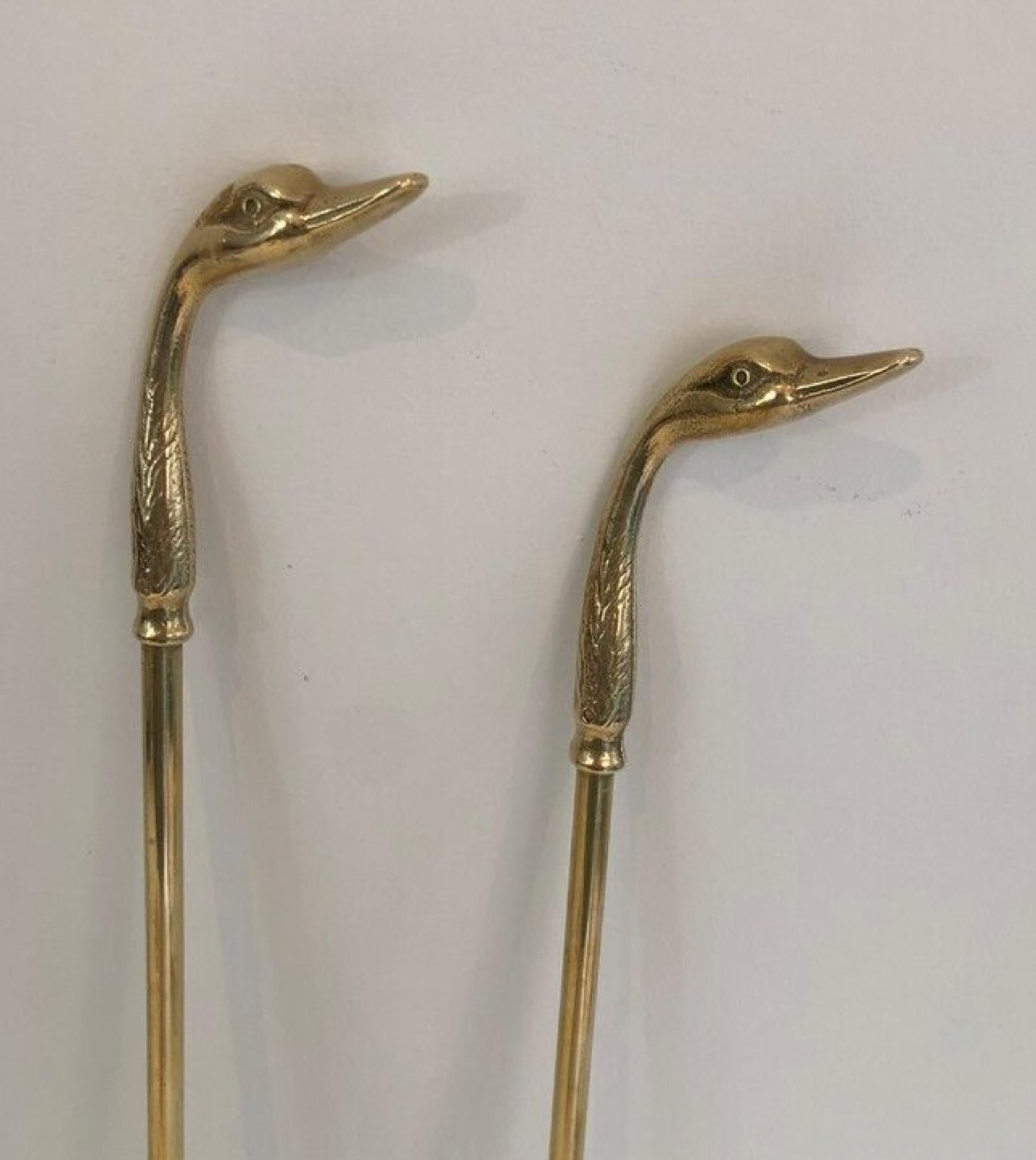 Pair of Brass Duck Heads Fireplace Tools on Stand In the Style of Maison Jansen 2