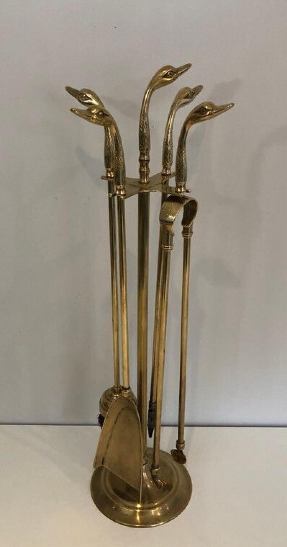 Pair of Brass Duck Heads Fireplace Tools on Stand In the Style of Maison Jansen 3