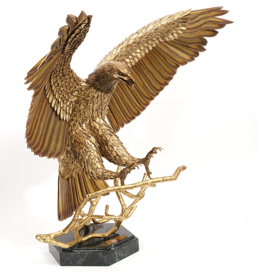 Brass Eagle Sculpture by Robert Signorella (American, 1947- ). Custom ordered sculpture, one of a kind brass eagle with frontal view, landing on limbs and mounted on marble base with name plate. Includes original purchase agreement from sculptor,