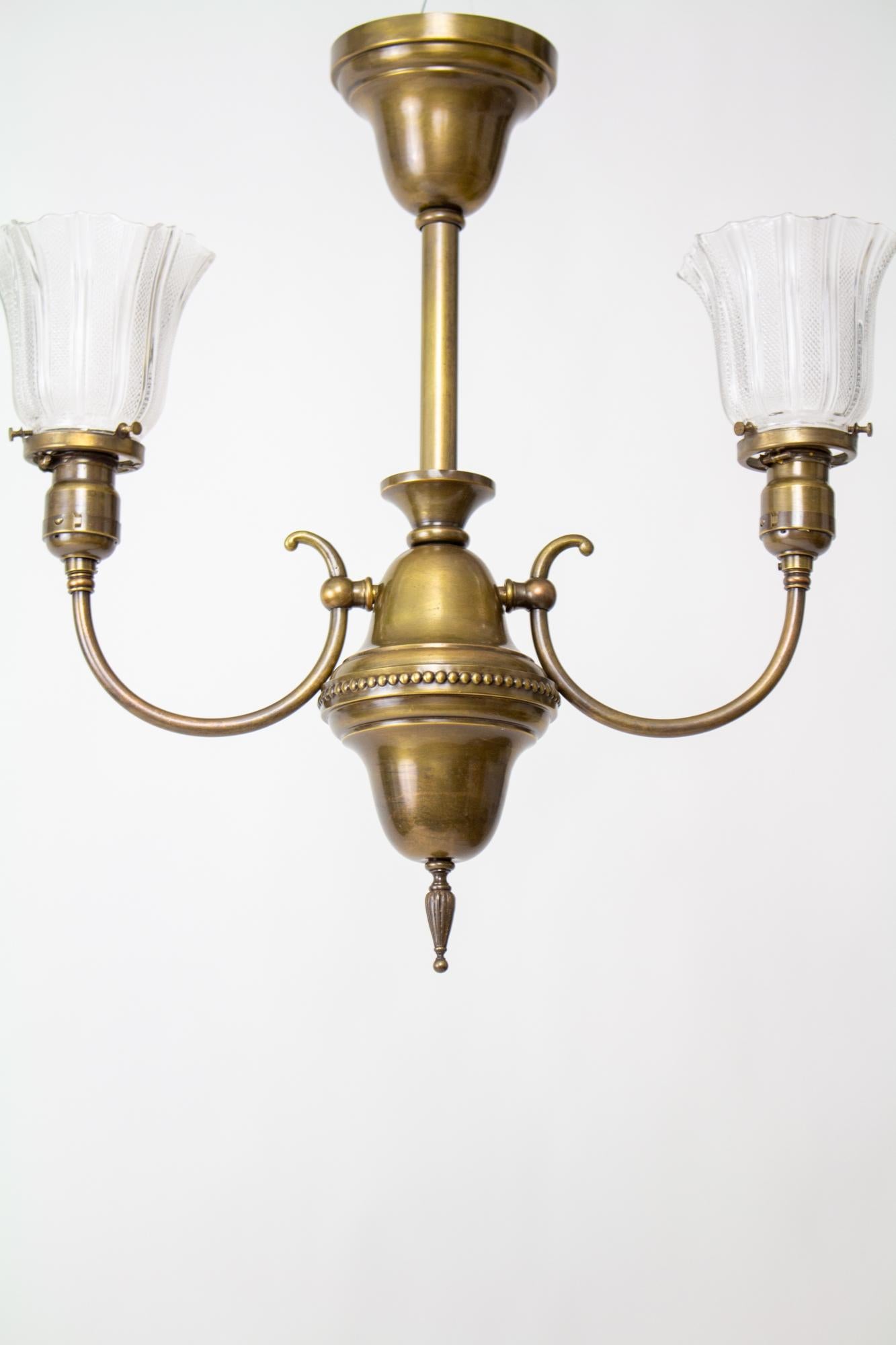 Victorian Brass Early Electric Fixture with Prismatic Glass For Sale