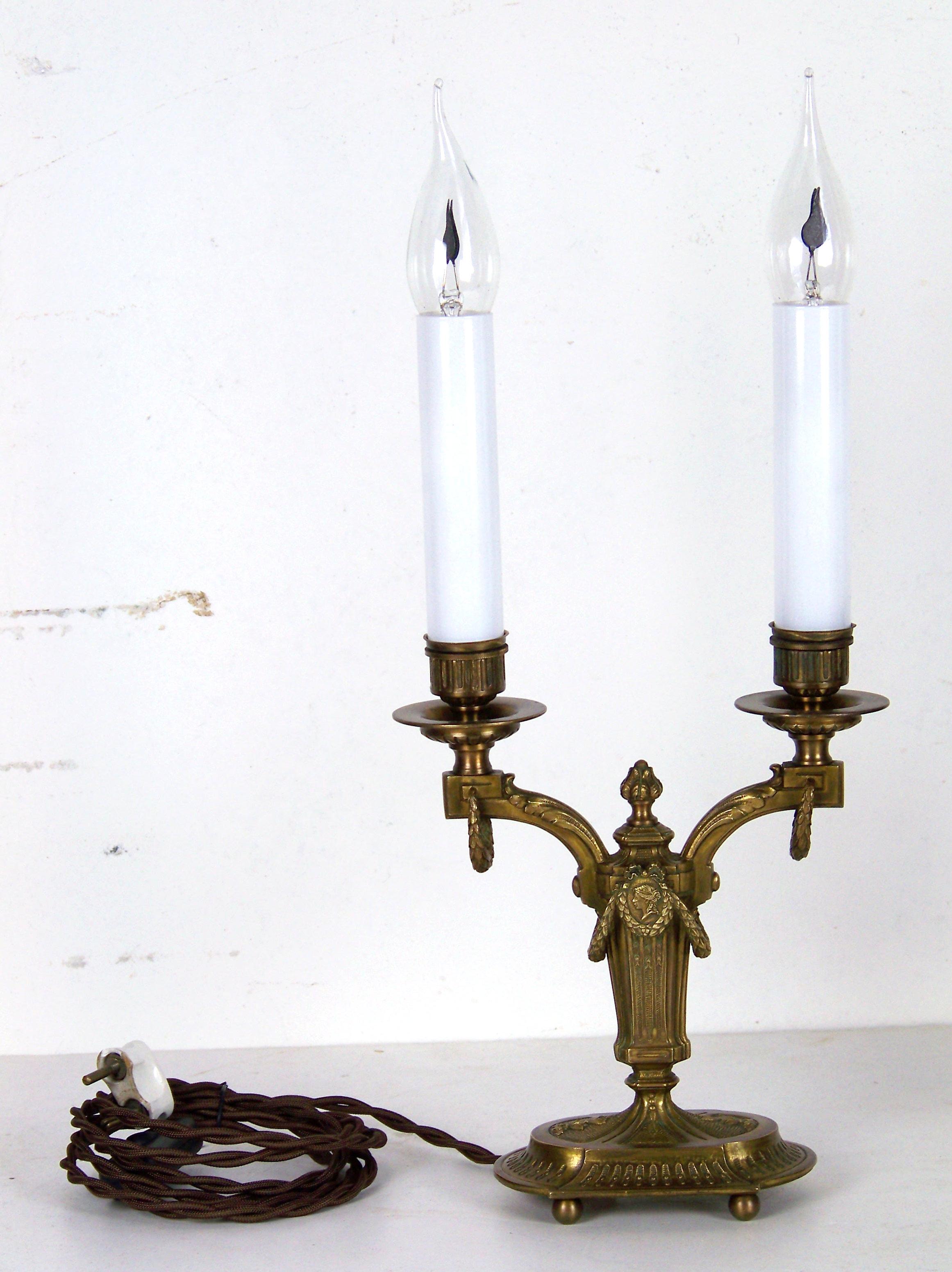 Empire Revival Brass Electric Candlesticks with Fine Chiselling For Sale