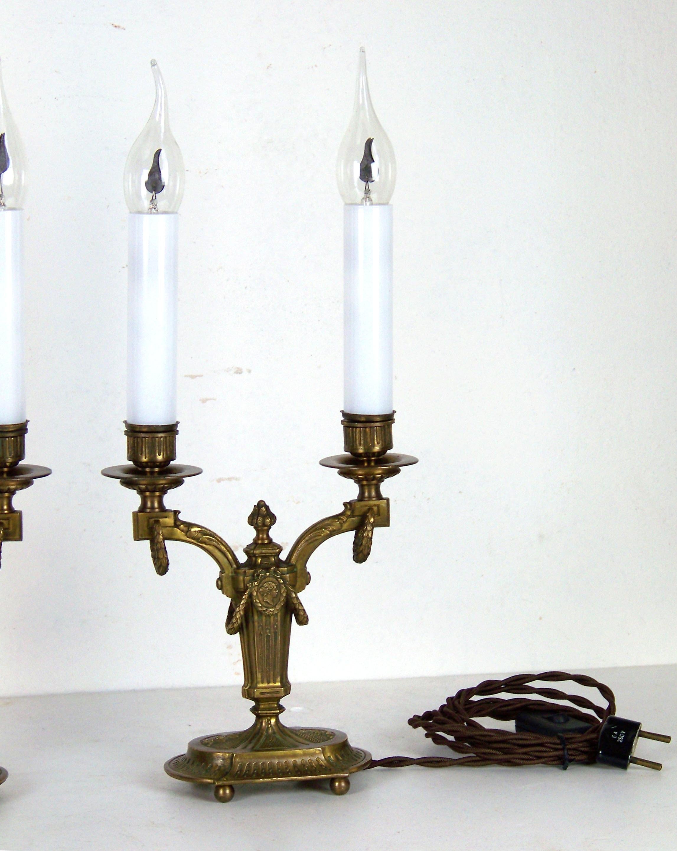 Austrian Brass Electric Candlesticks with Fine Chiselling For Sale