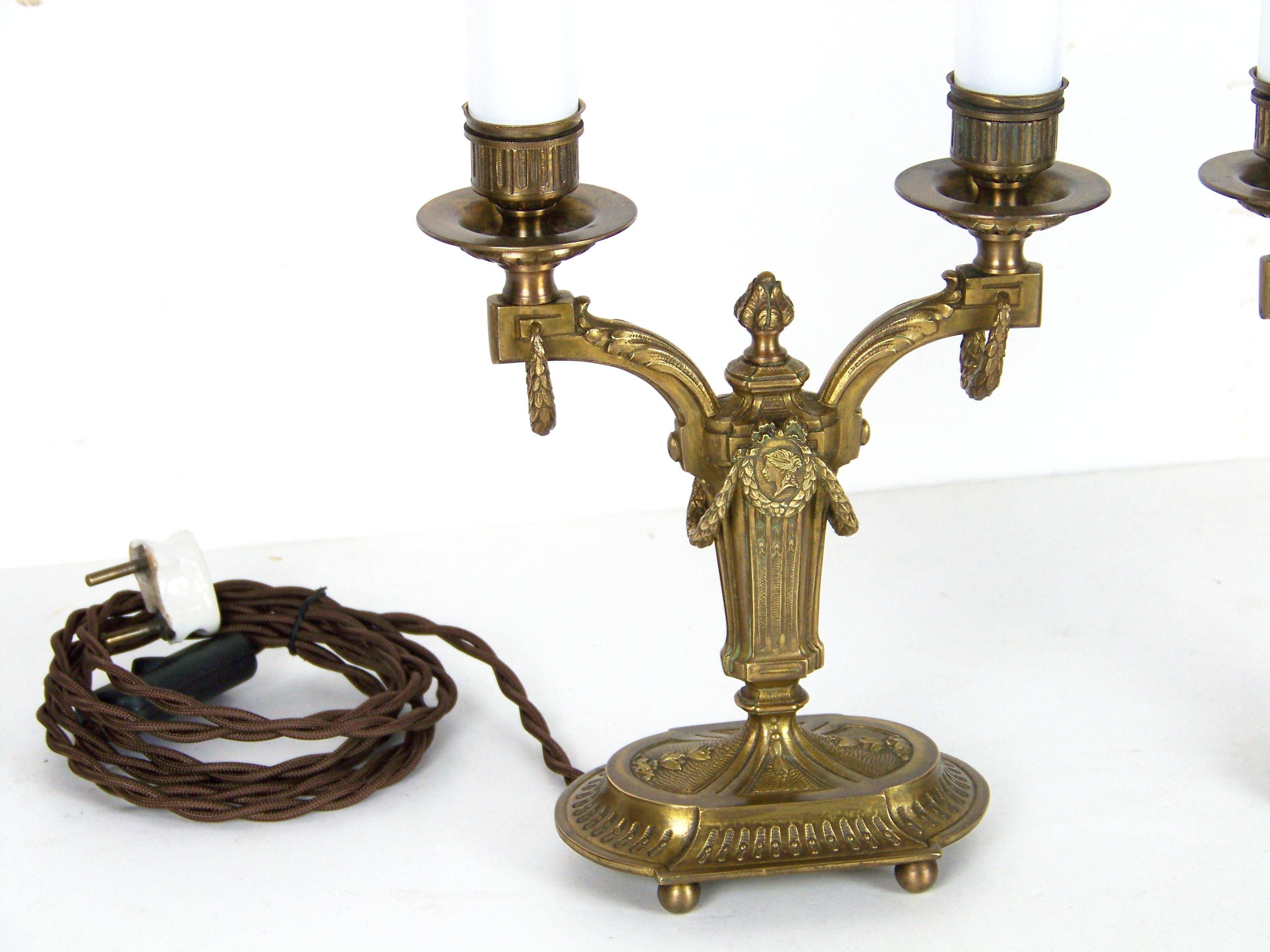 Brass Electric Candlesticks with Fine Chiselling In Good Condition For Sale In Praha, CZ