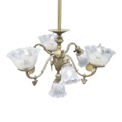 Brass Electric & Gas 7-Light Chandelier & Diamond Cut Ruffled Glass Shades c1890