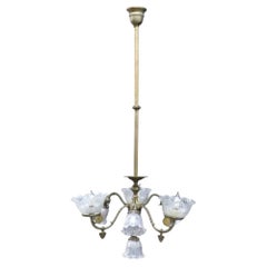 Brass Electric & Gas 7-Light Chandelier & Diamond Cut Ruffled Glass Shades c1890