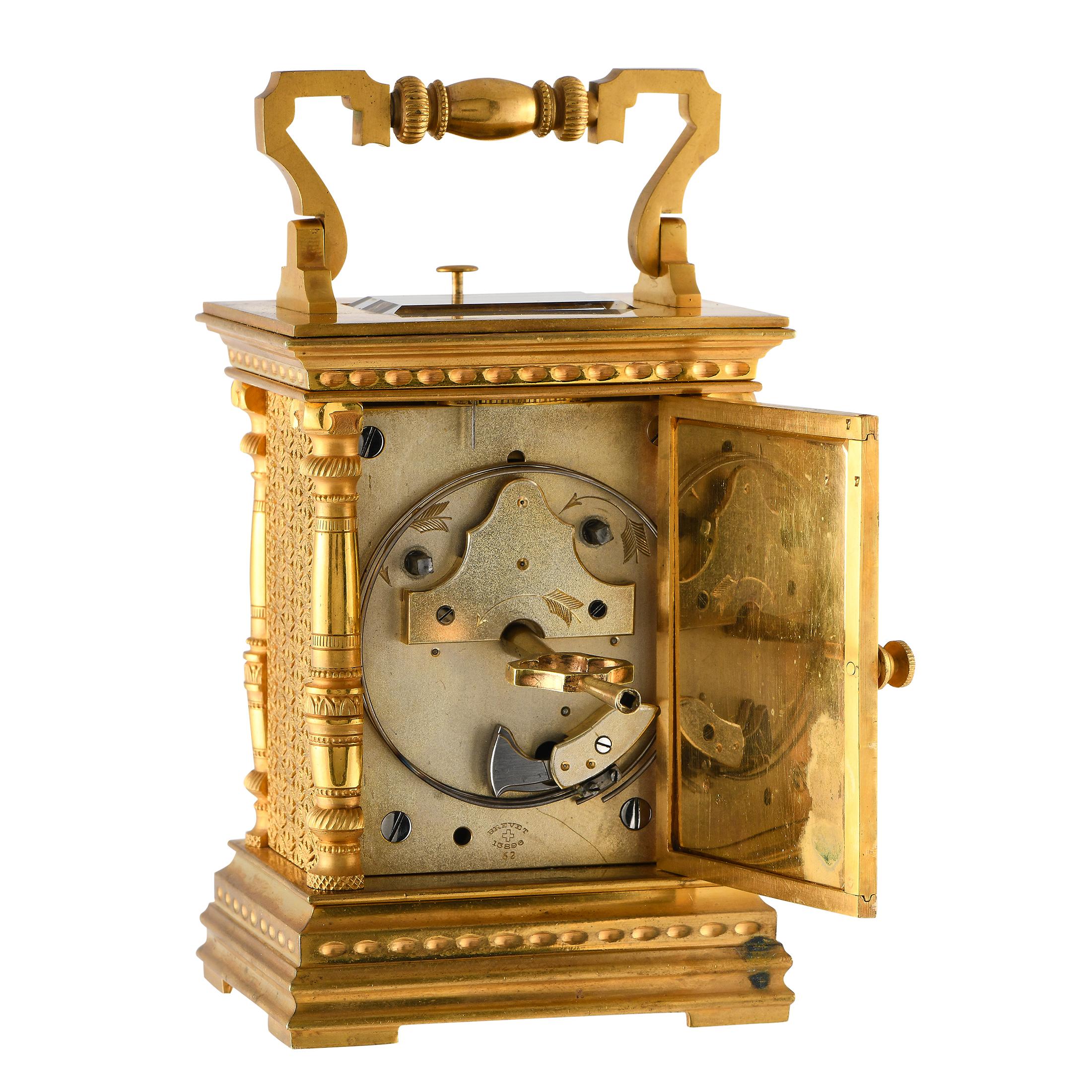 Women's or Men's Brass & Enamel Gilt French Carriage Table Clock For Sale