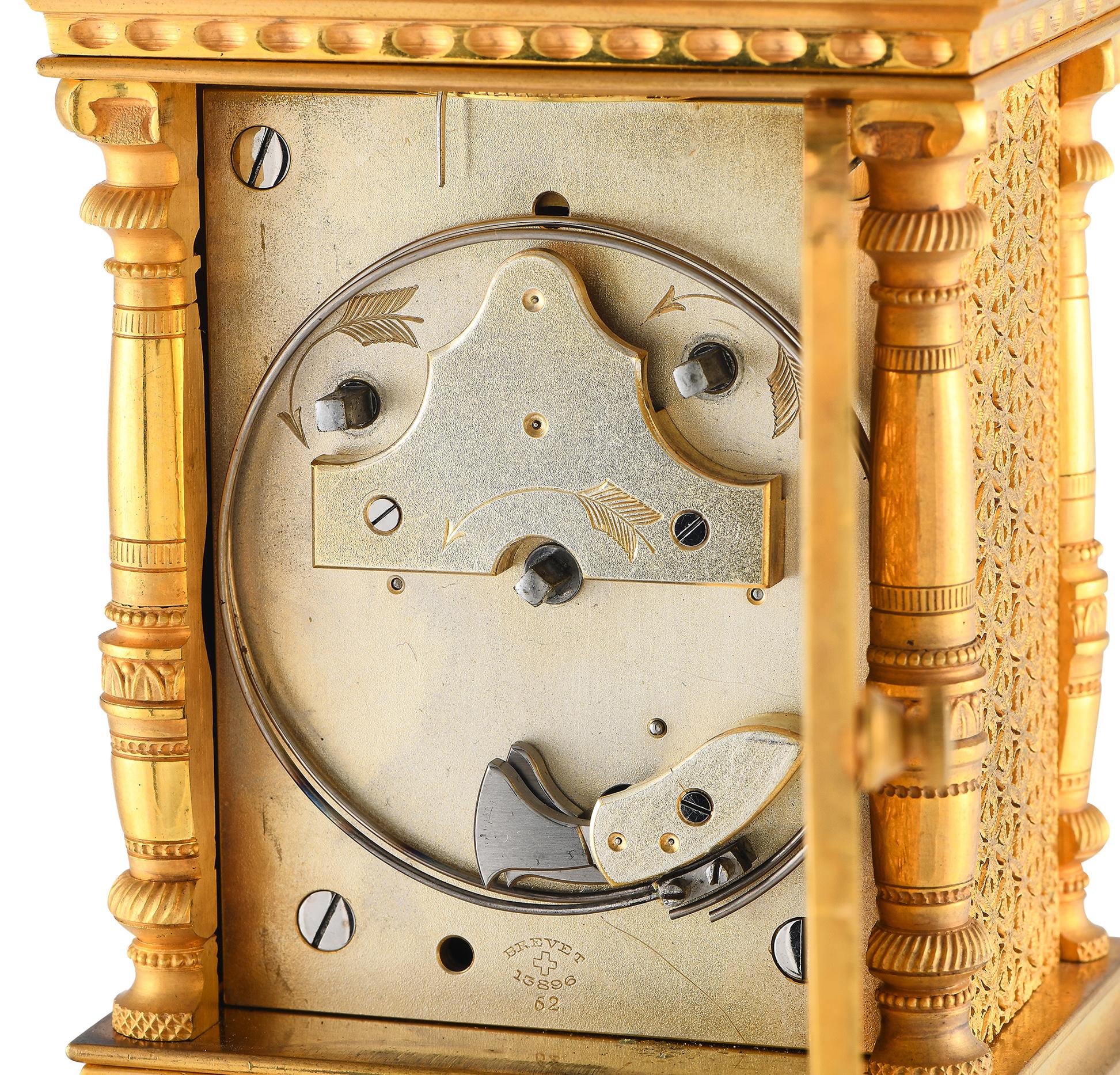 Brass & Enamel Gilt French Carriage Table Clock For Sale 1