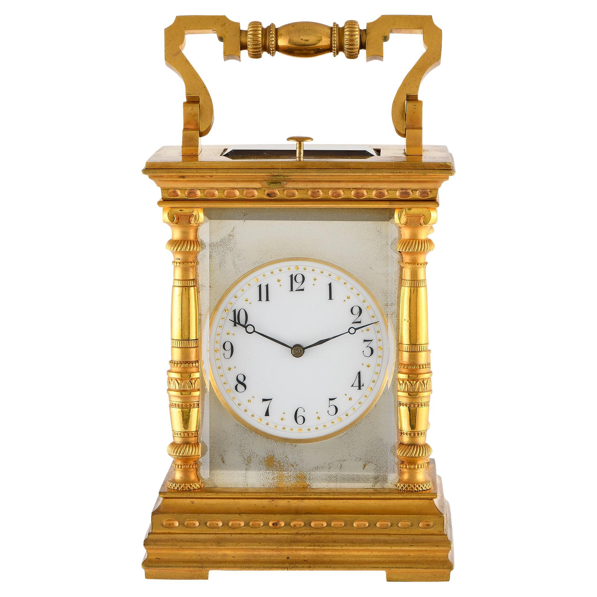 Brass & Enamel Gilt French Carriage Table Clock For Sale