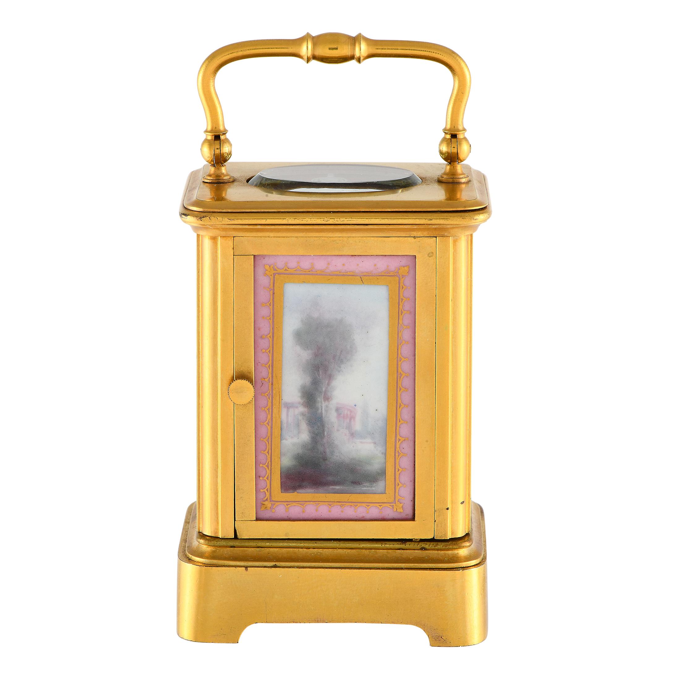 Women's or Men's Brass & Enamel Miniature French Carriage Table Clock For Sale
