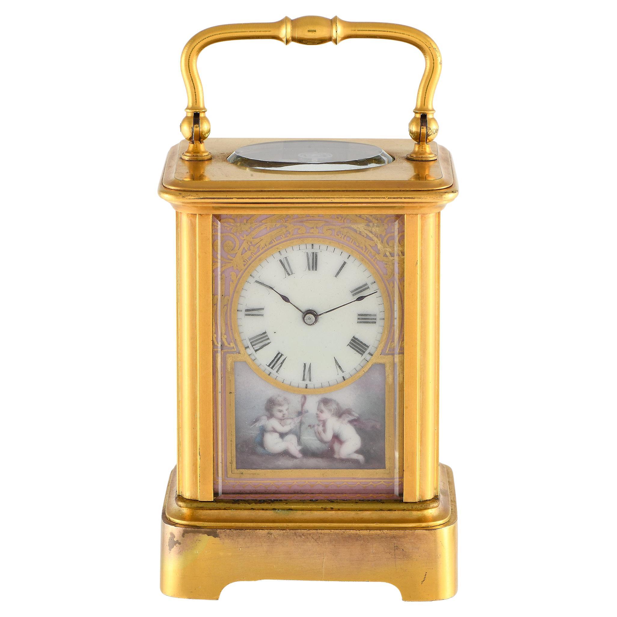 Brass & Enamel Miniature French Carriage Table Clock For Sale