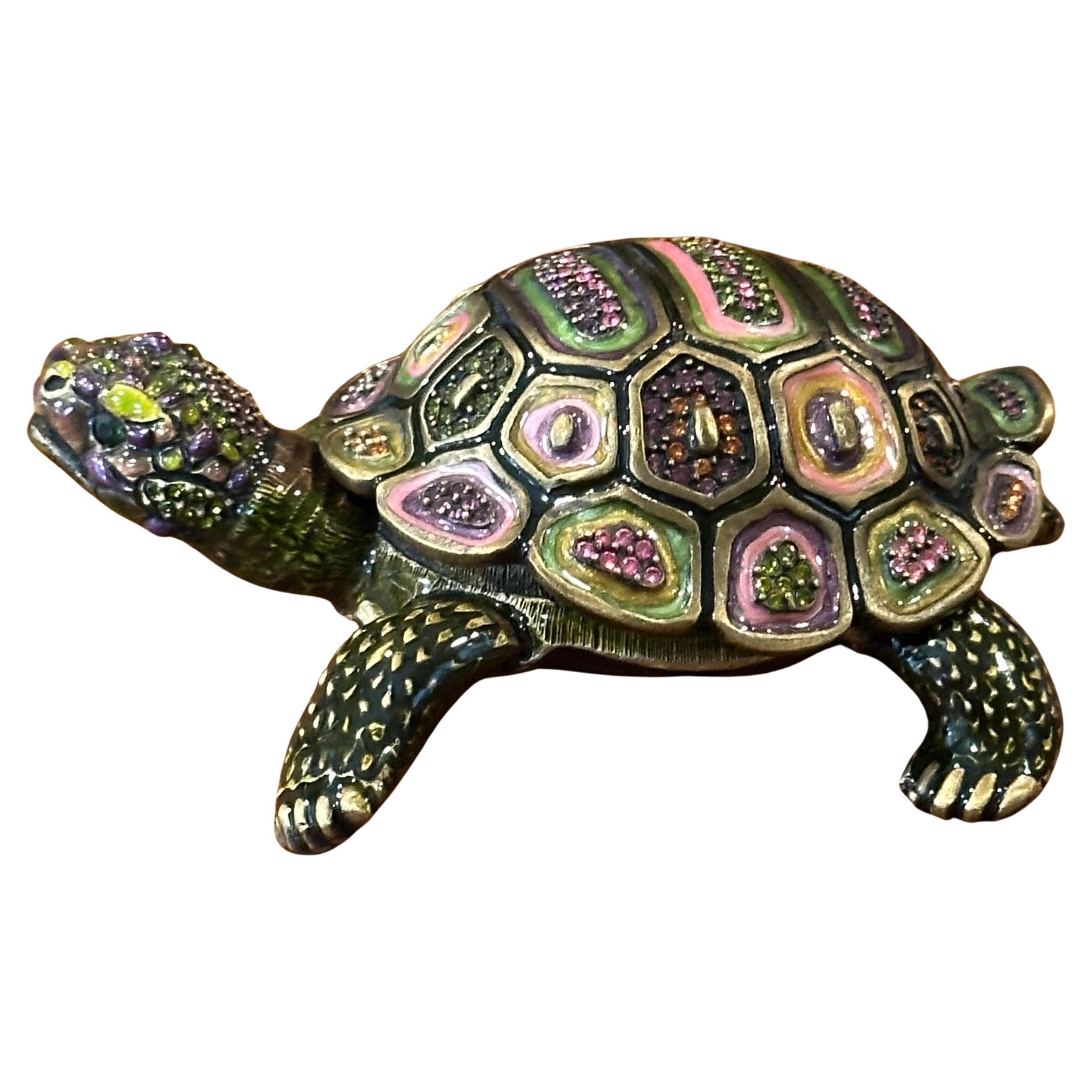 American Brass, Enamel & Swarovski Crystals Turtle Trinket Box by Jay Strongwater For Sale