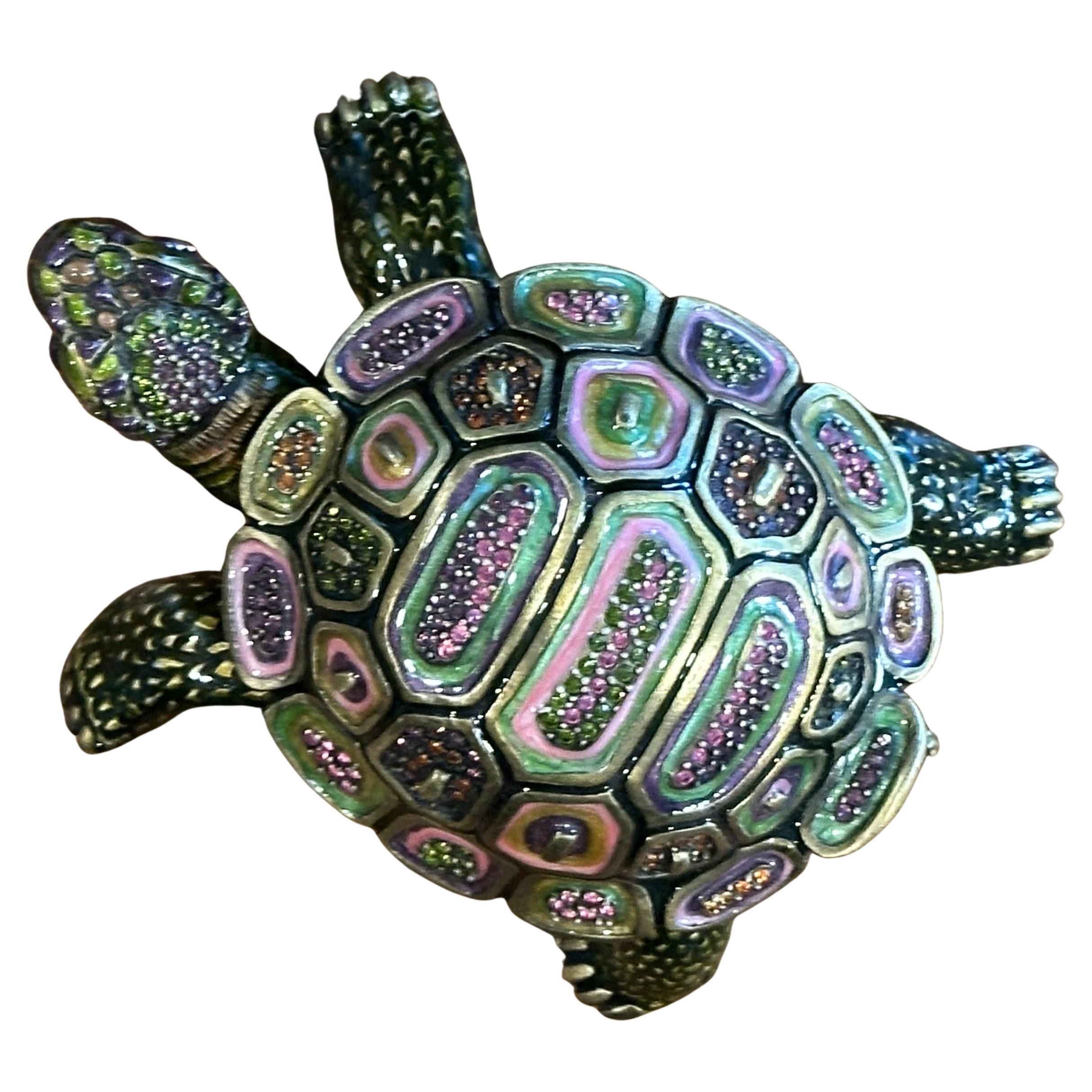 Contemporary Brass, Enamel & Swarovski Crystals Turtle Trinket Box by Jay Strongwater For Sale