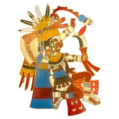 Brass Enameled Mexican Wall Plaque Petecatl God