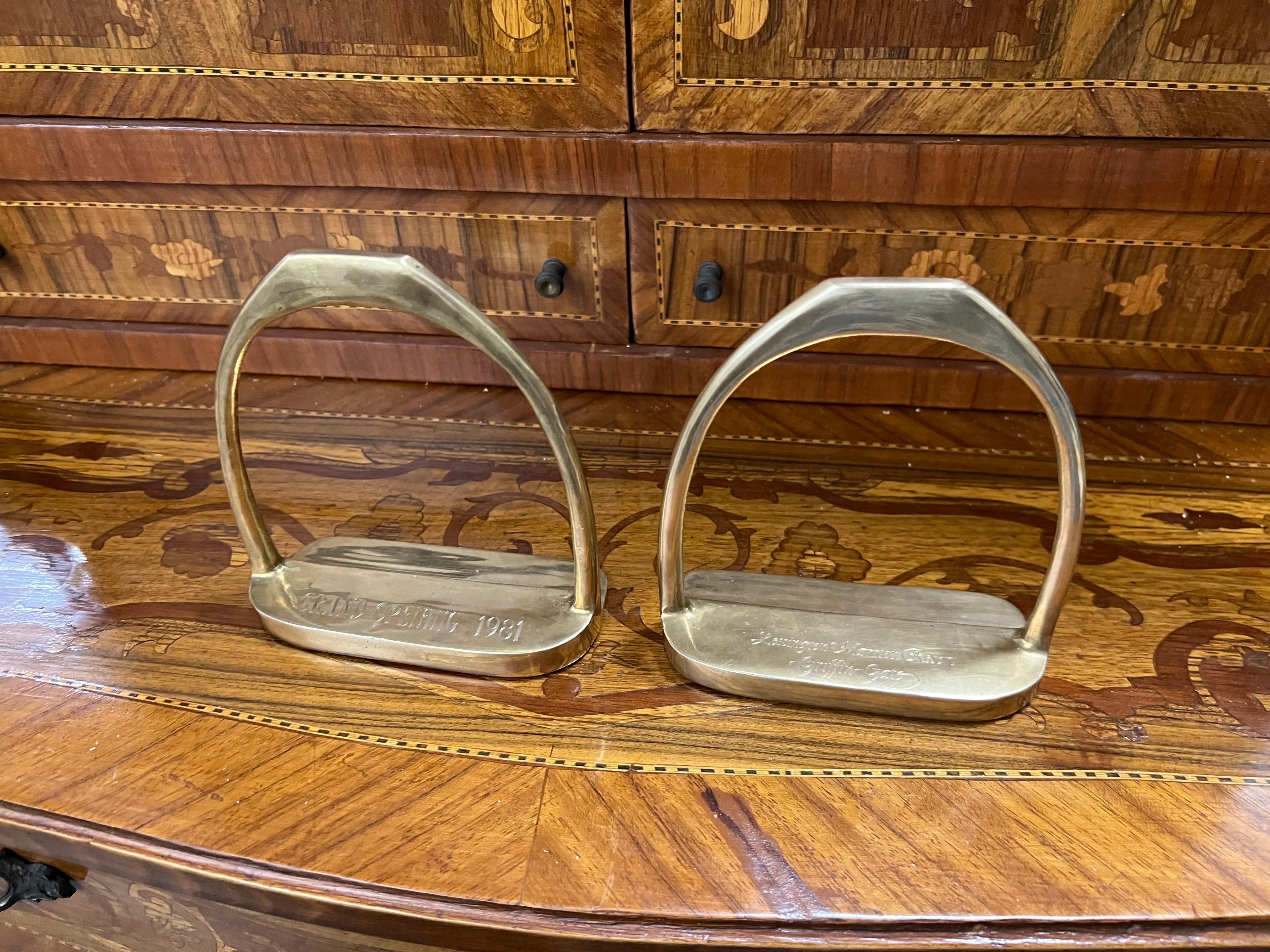 Vintage Pair of Brass Hermes Style Horse Saddle Stirrup Bookends.  Engraved.  C. 1980’s