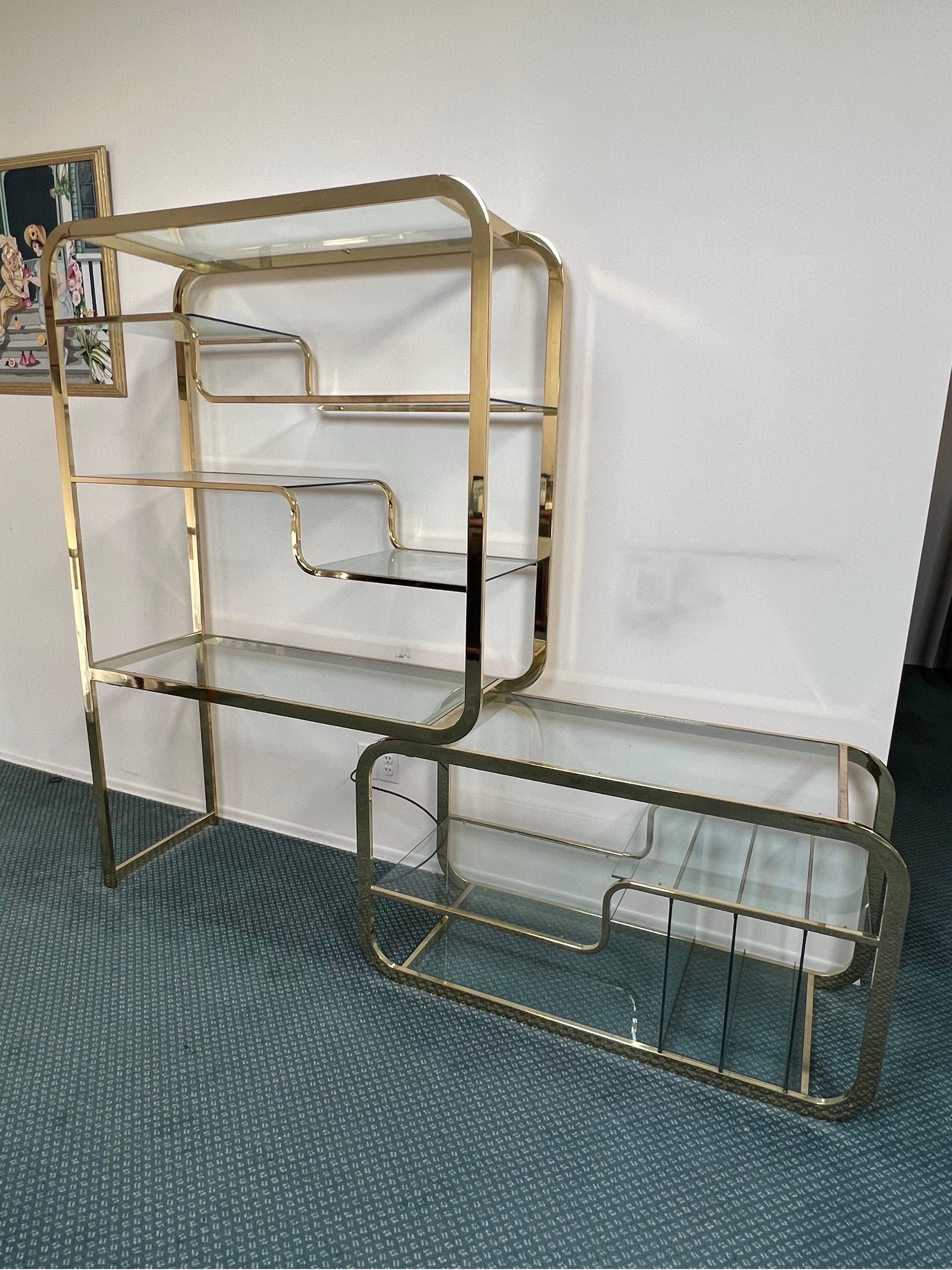 Brass Etagere by Dia in the Style of Milo Baughman, Circa 1980

This iconic etagere has many versatile usages. You can use it as a bookshelf or sliding out the bottom half to use it as a desk