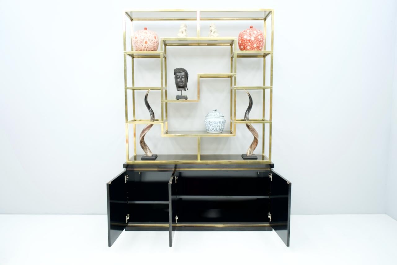 Brass Étagère Shelf or Room Divider with Black Sideboard by Kim Moltzer, 1970s 4