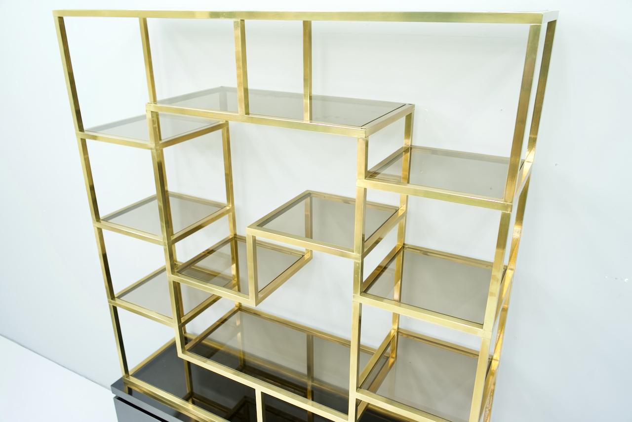 Mid-Century Modern Brass Étagère Shelf or Room Divider with Black Sideboard by Kim Moltzer, 1970s