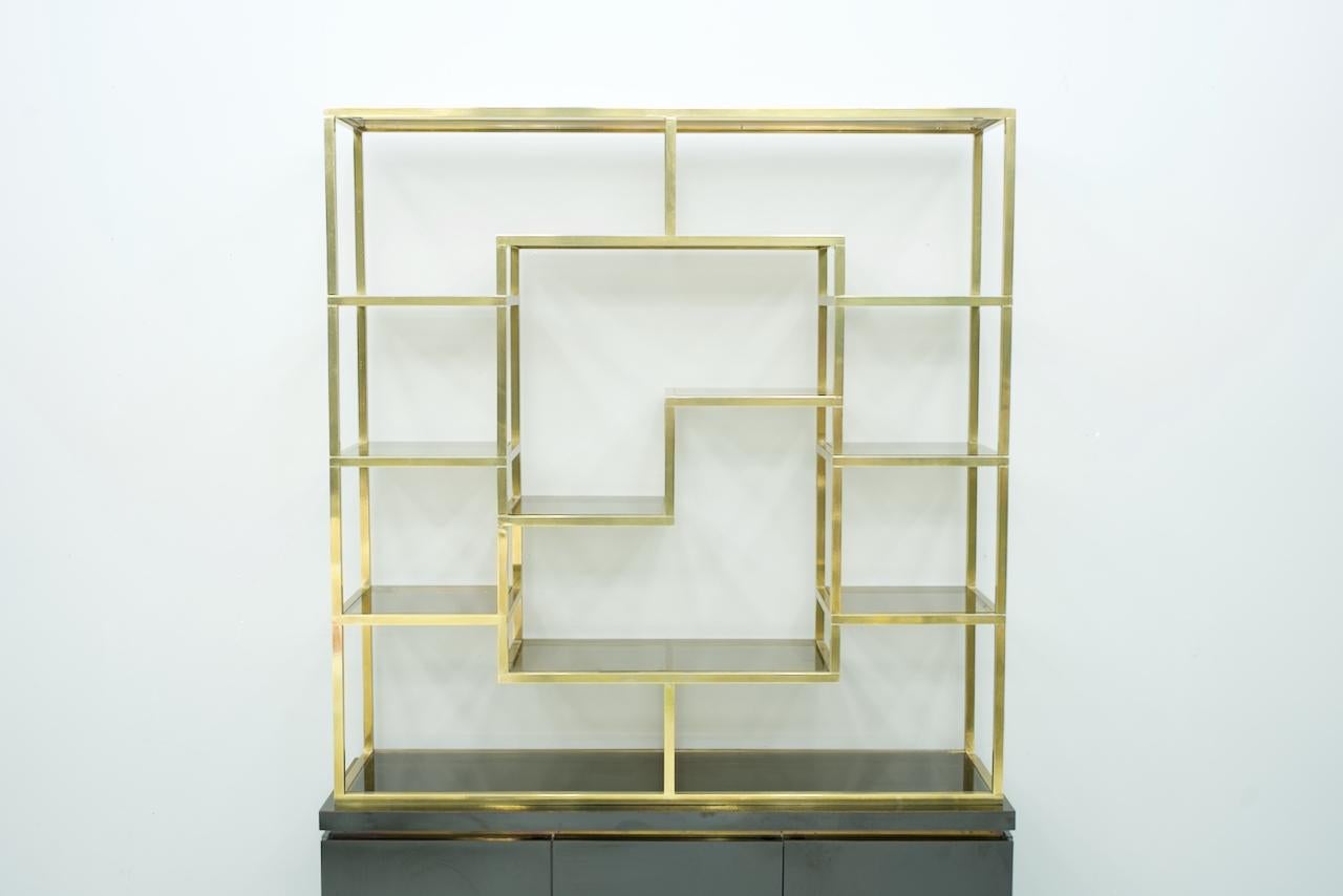 French Brass Étagère Shelf or Room Divider with Black Sideboard by Kim Moltzer, 1970s