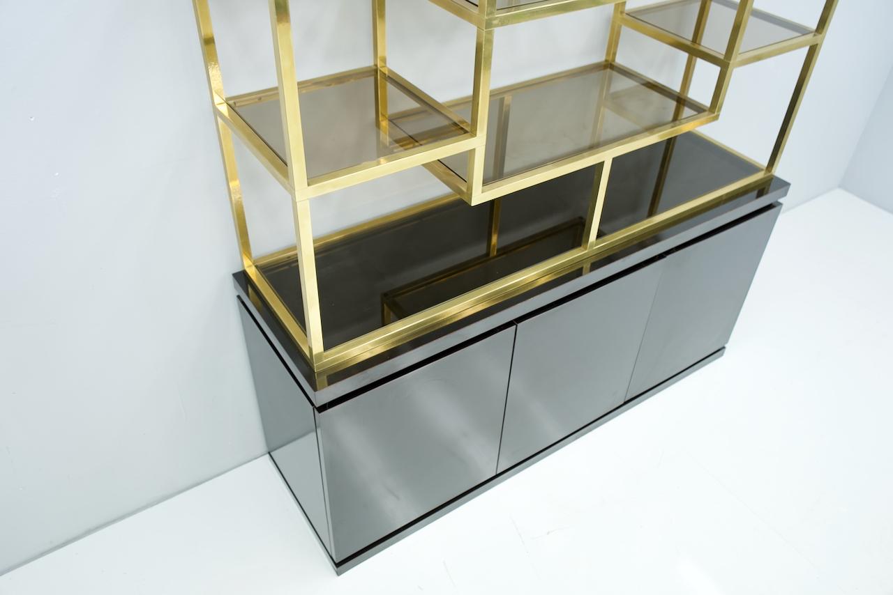 Late 20th Century Brass Étagère Shelf or Room Divider with Black Sideboard by Kim Moltzer, 1970s