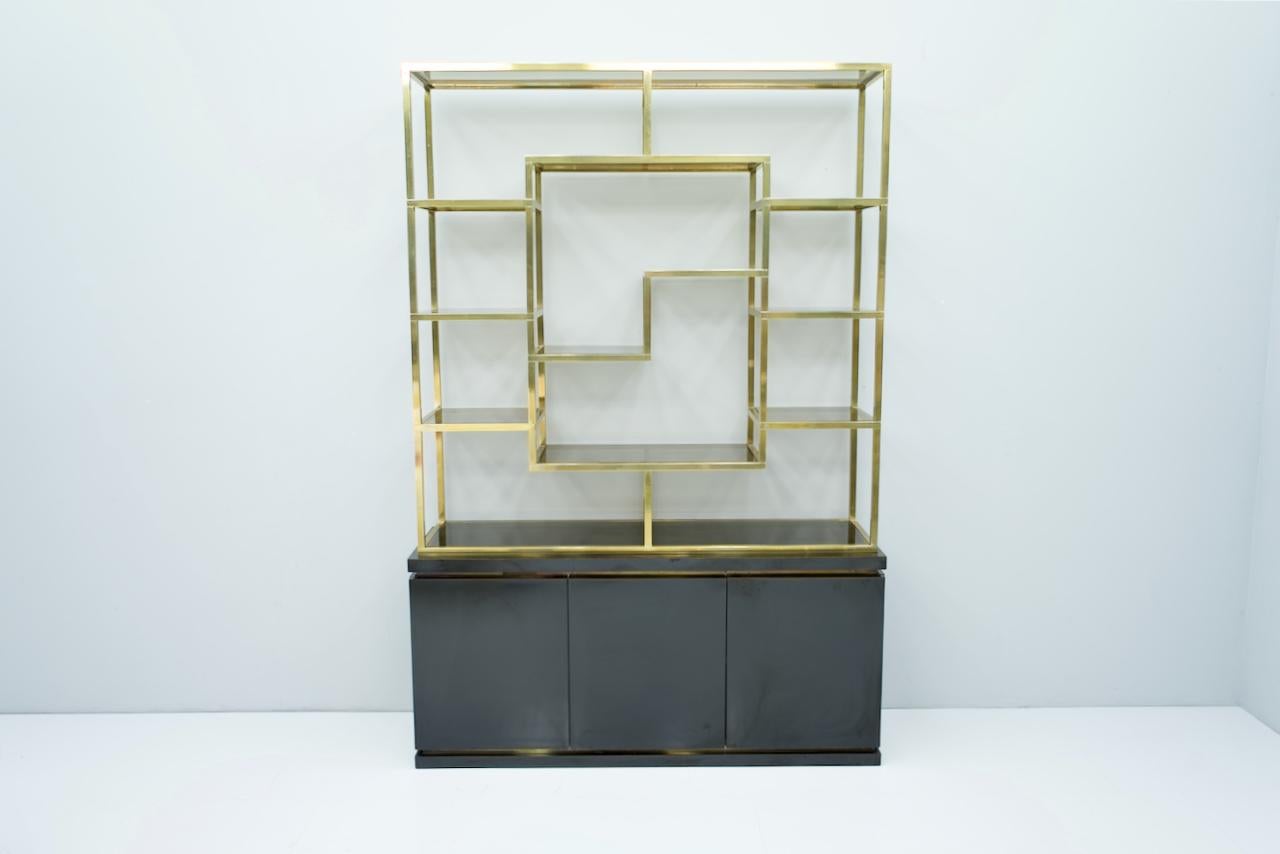 Brass Étagère Shelf or Room Divider with Black Sideboard by Kim Moltzer, 1970s 2