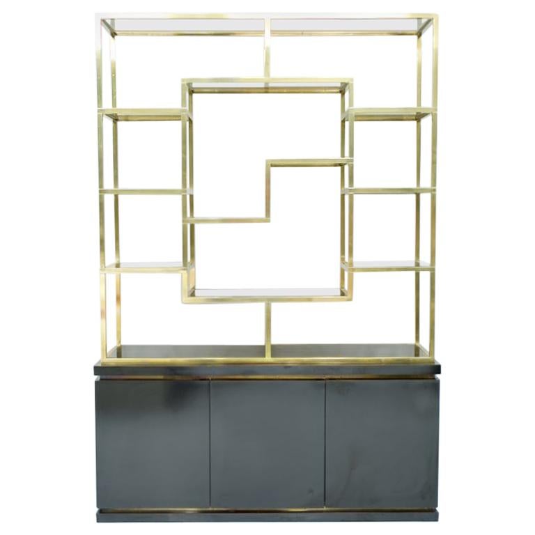 Brass Étagère Shelf or Room Divider with Black Sideboard by Kim Moltzer, 1970s