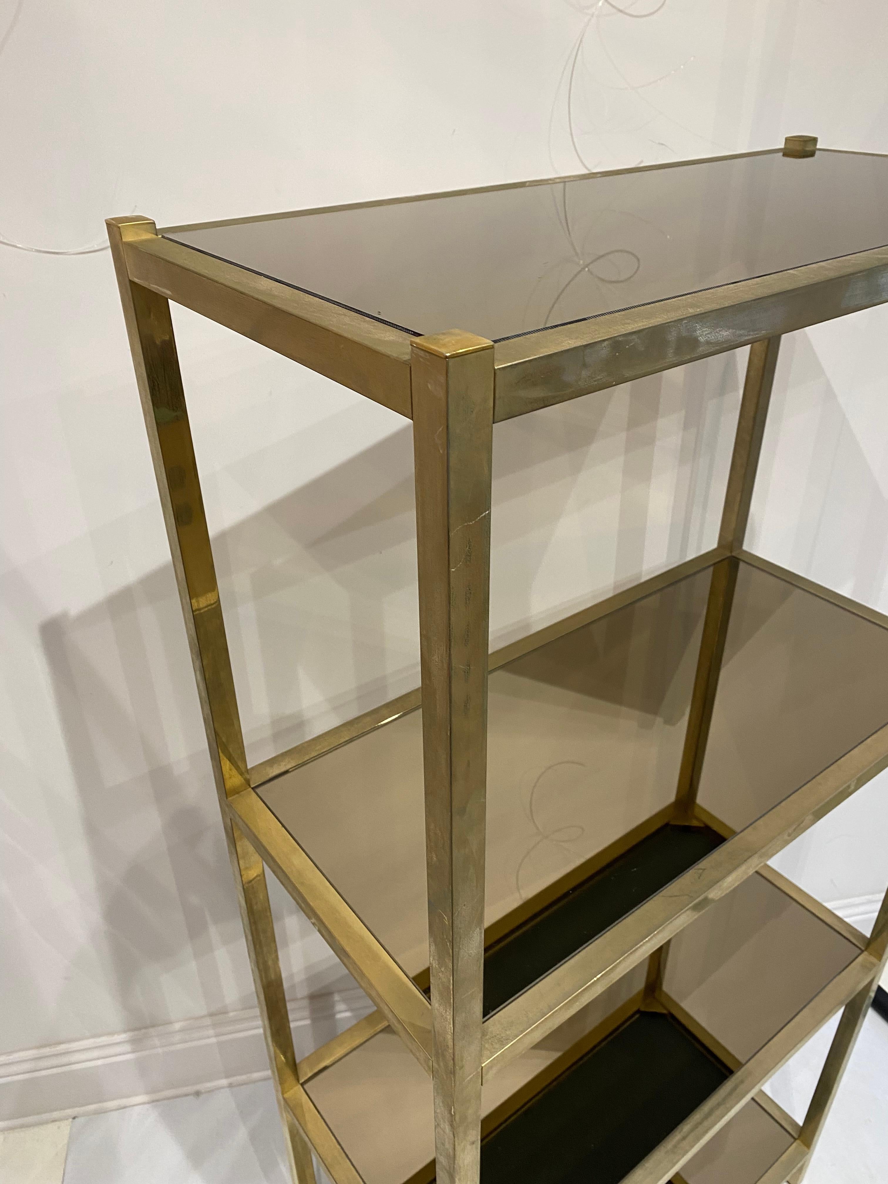 Brass Etagere Smoked Mirrored Glass Shelving 1970s Display Unit For Sale 2