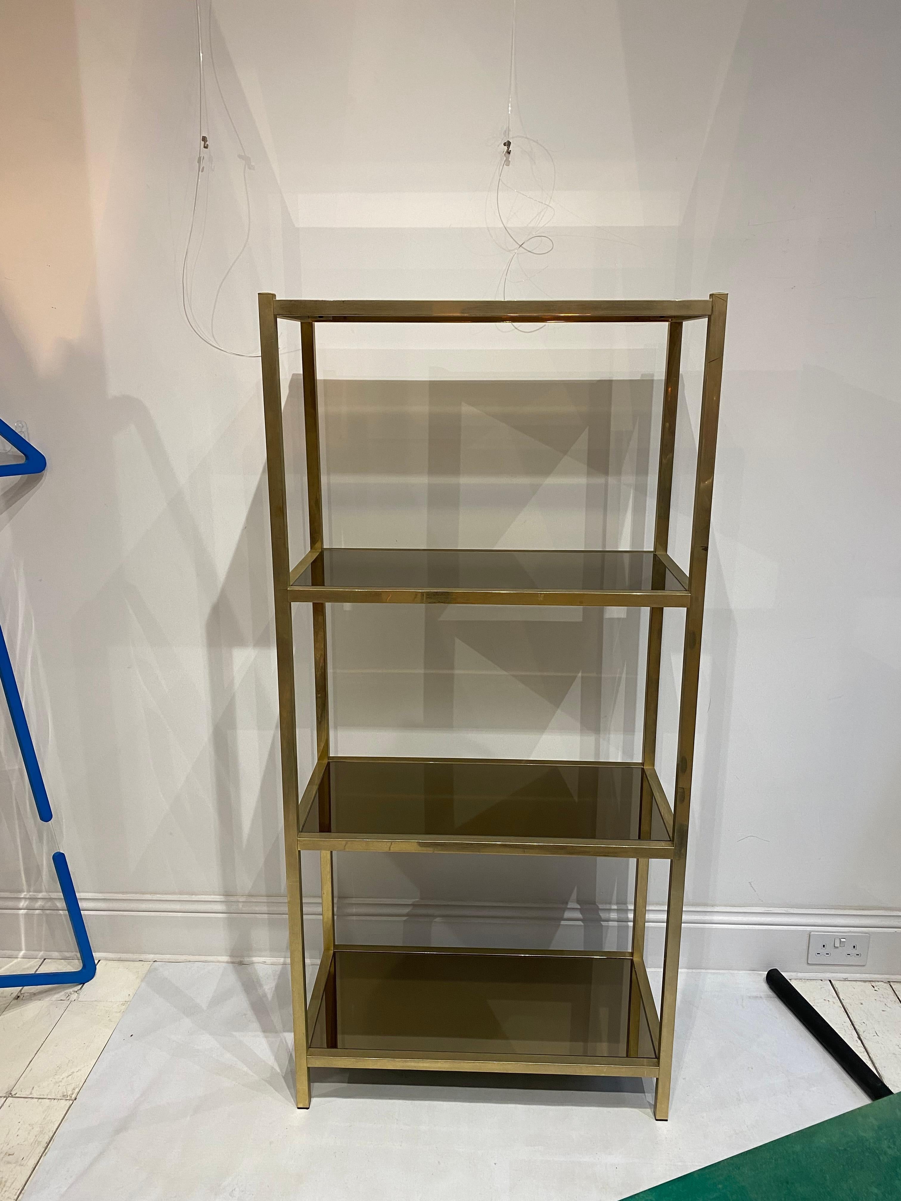 Hollywood Regency Brass Etagere Smoked Mirrored Glass Shelving 1970s Display Unit For Sale