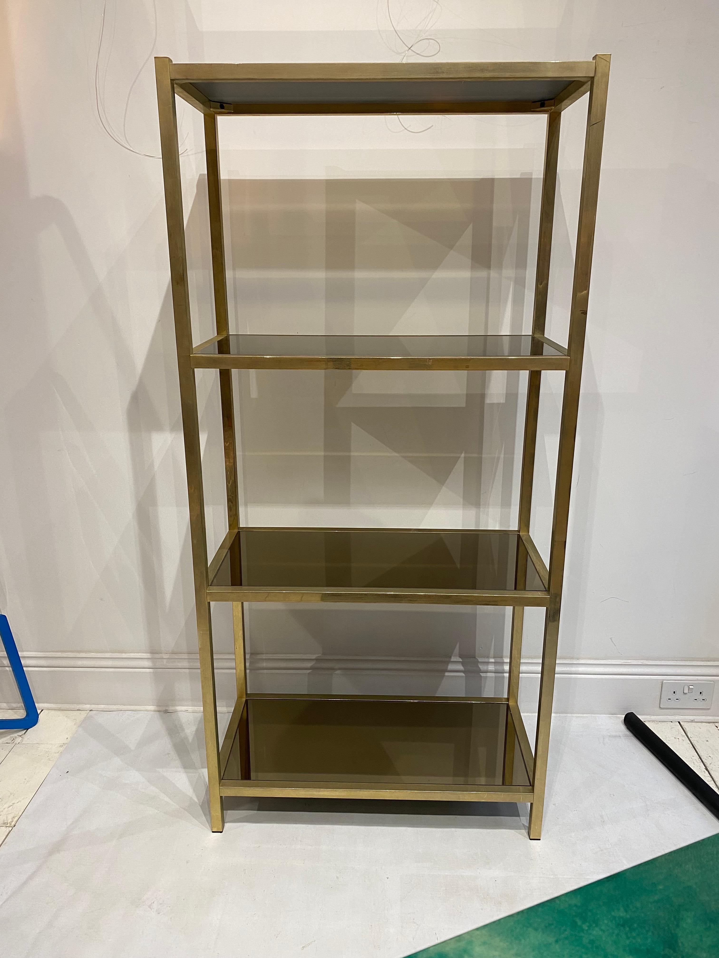 Italian Brass Etagere Smoked Mirrored Glass Shelving 1970s Display Unit For Sale