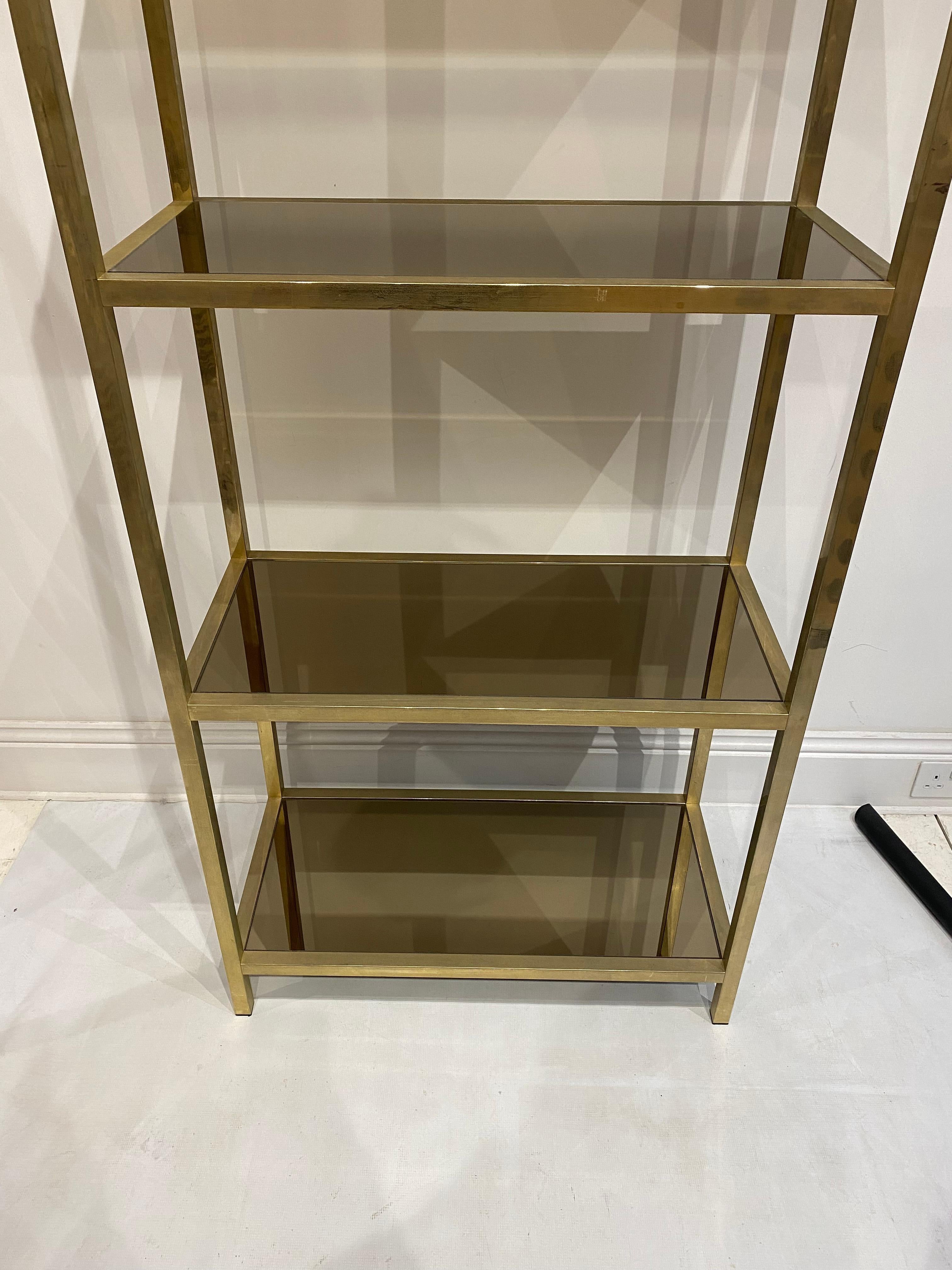 Plated Brass Etagere Smoked Mirrored Glass Shelving 1970s Display Unit For Sale