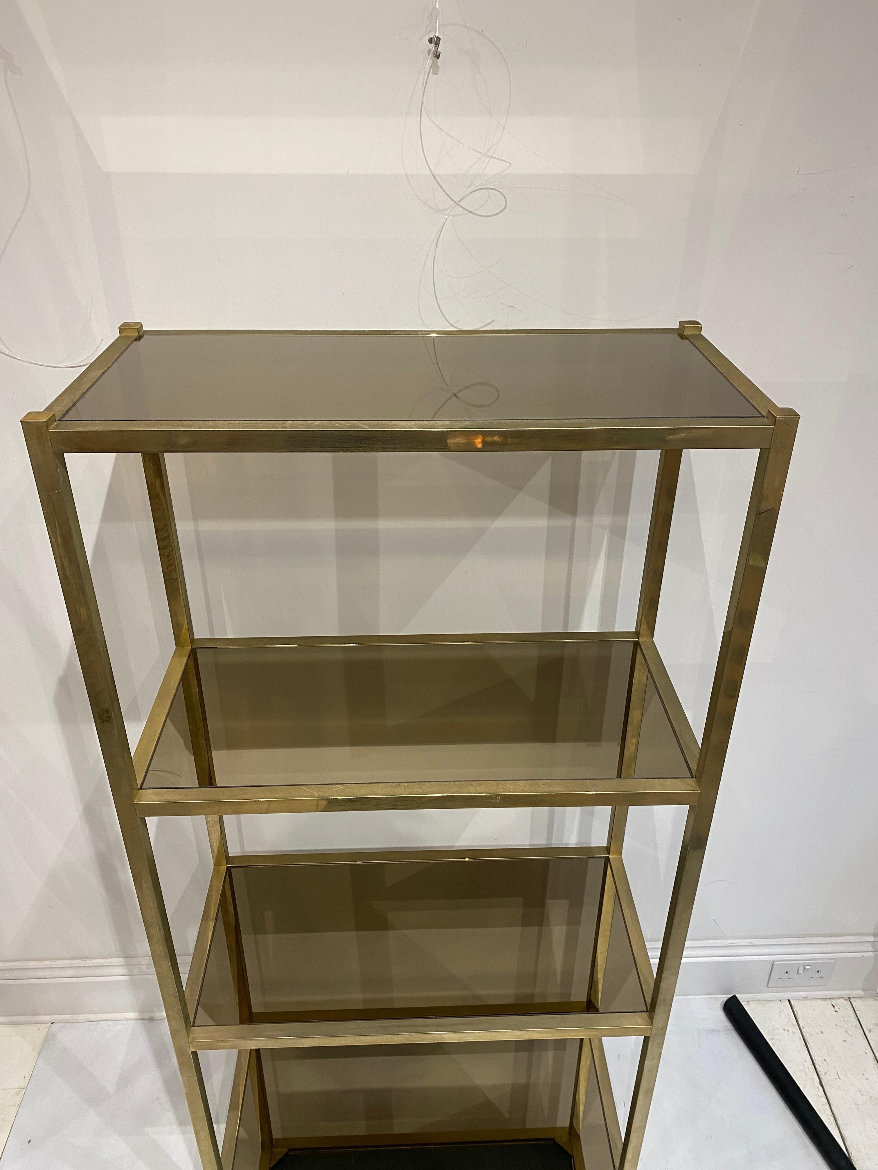 Metal Brass Etagere Smoked Mirrored Glass Shelving 1970s Display Unit For Sale