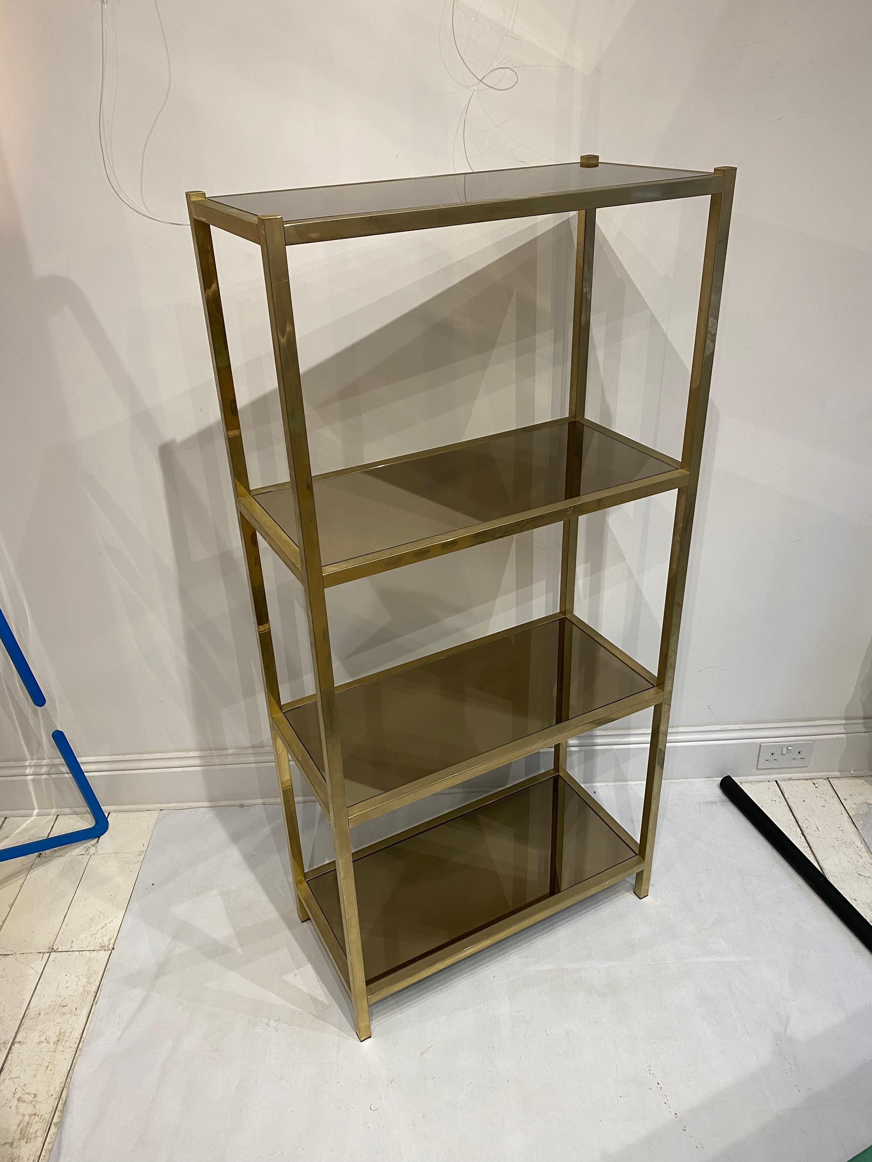 Brass Etagere Smoked Mirrored Glass Shelving 1970s Display Unit For Sale 1