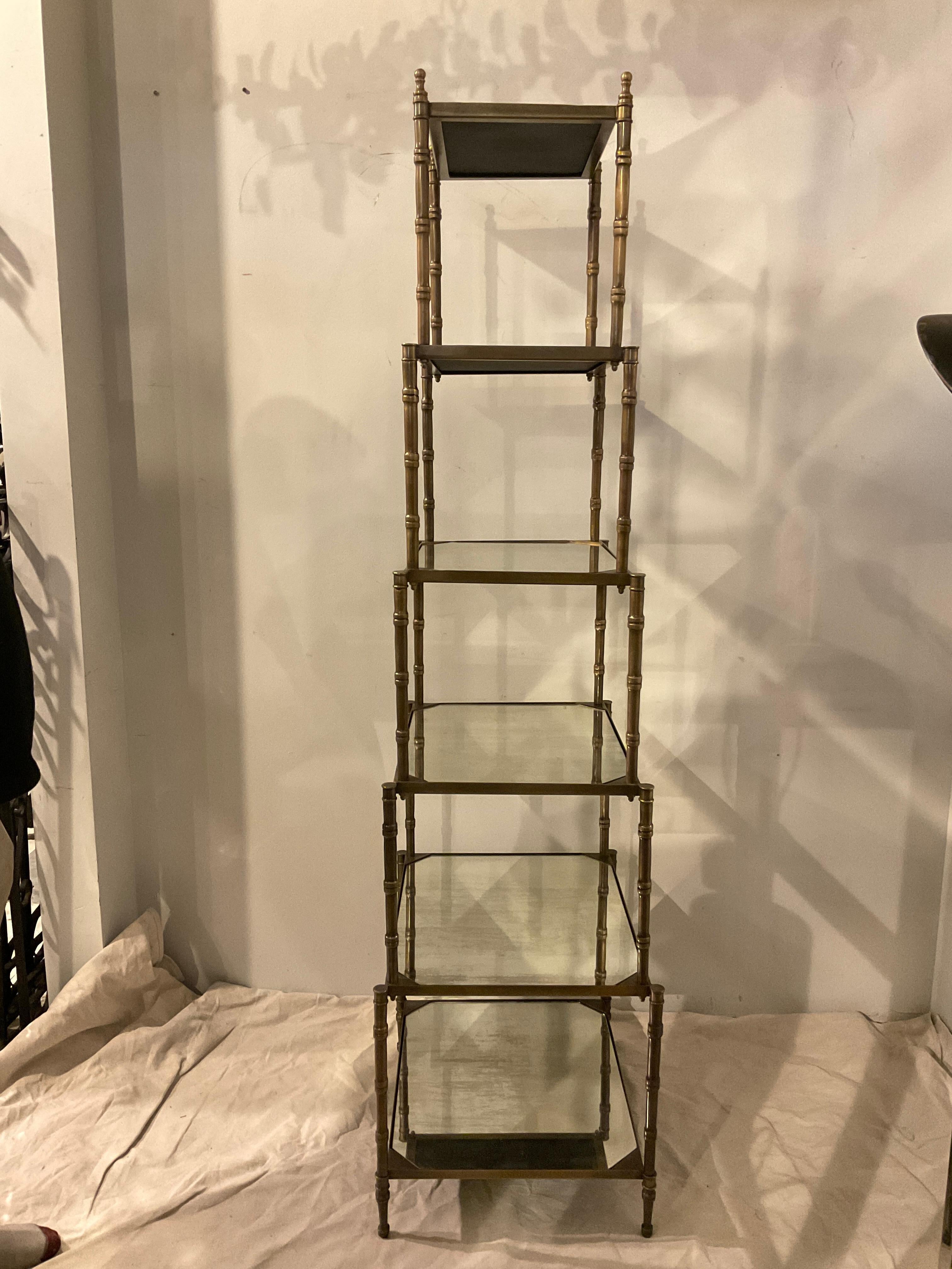Contemporary Brass Etagere With Antiqued Mirror Shelves