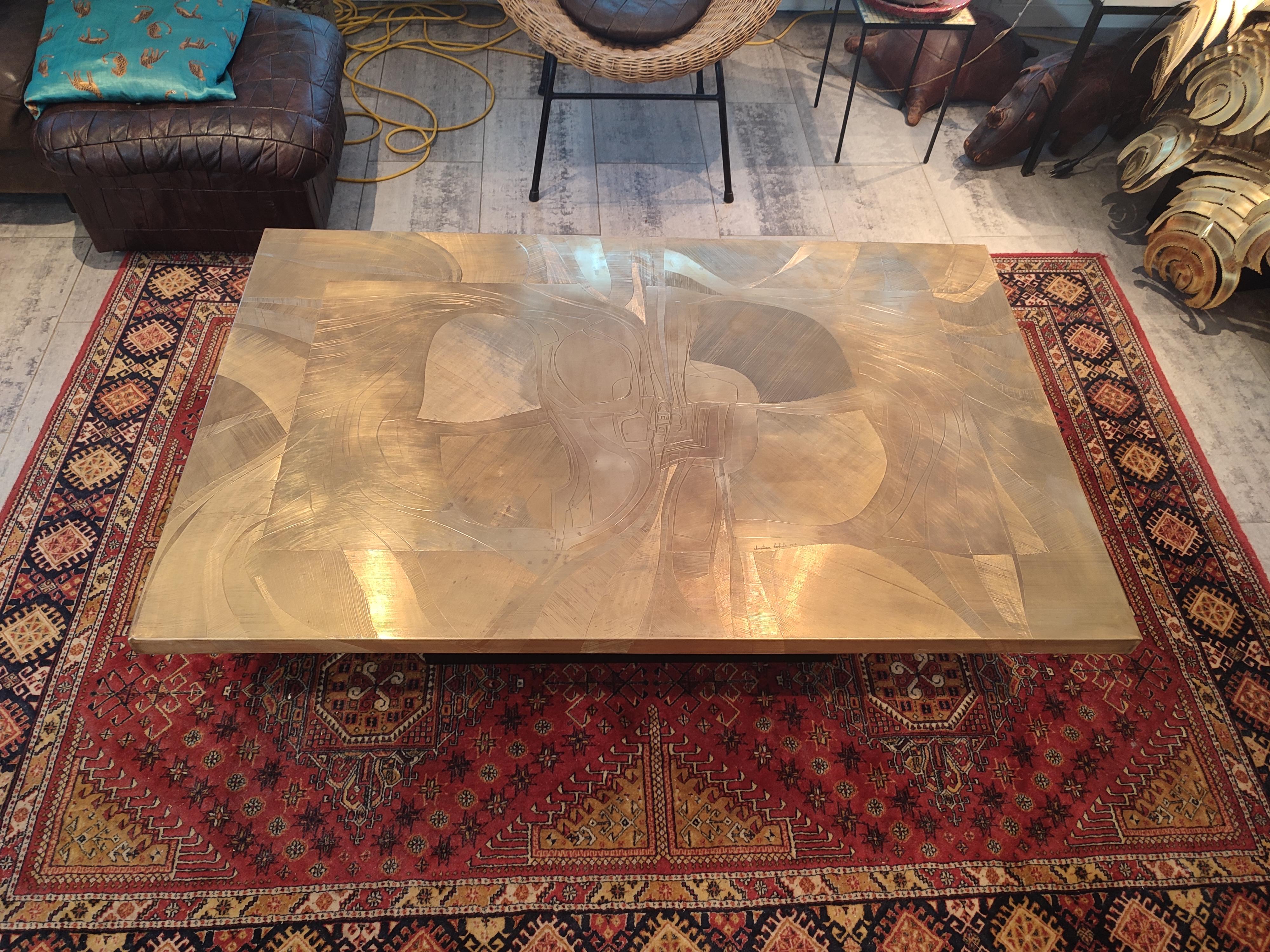 Hollywood Regency Brass Etched Coffee Table by Christian Krekels For Sale