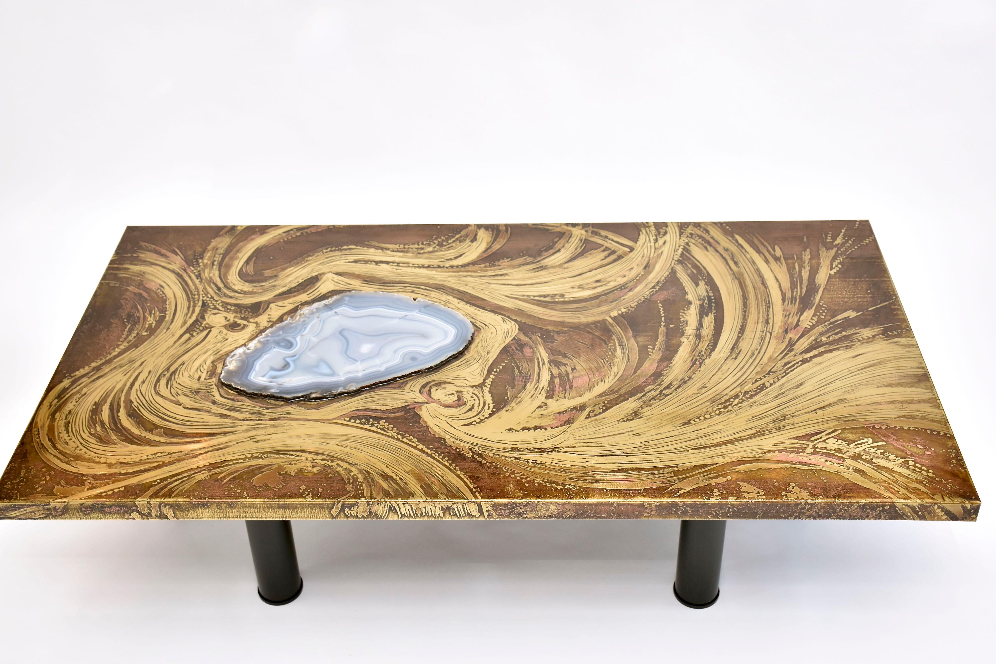 Mid-Century Modern Brass etched coffee table by Marc D'Haenens with agate inlay For Sale