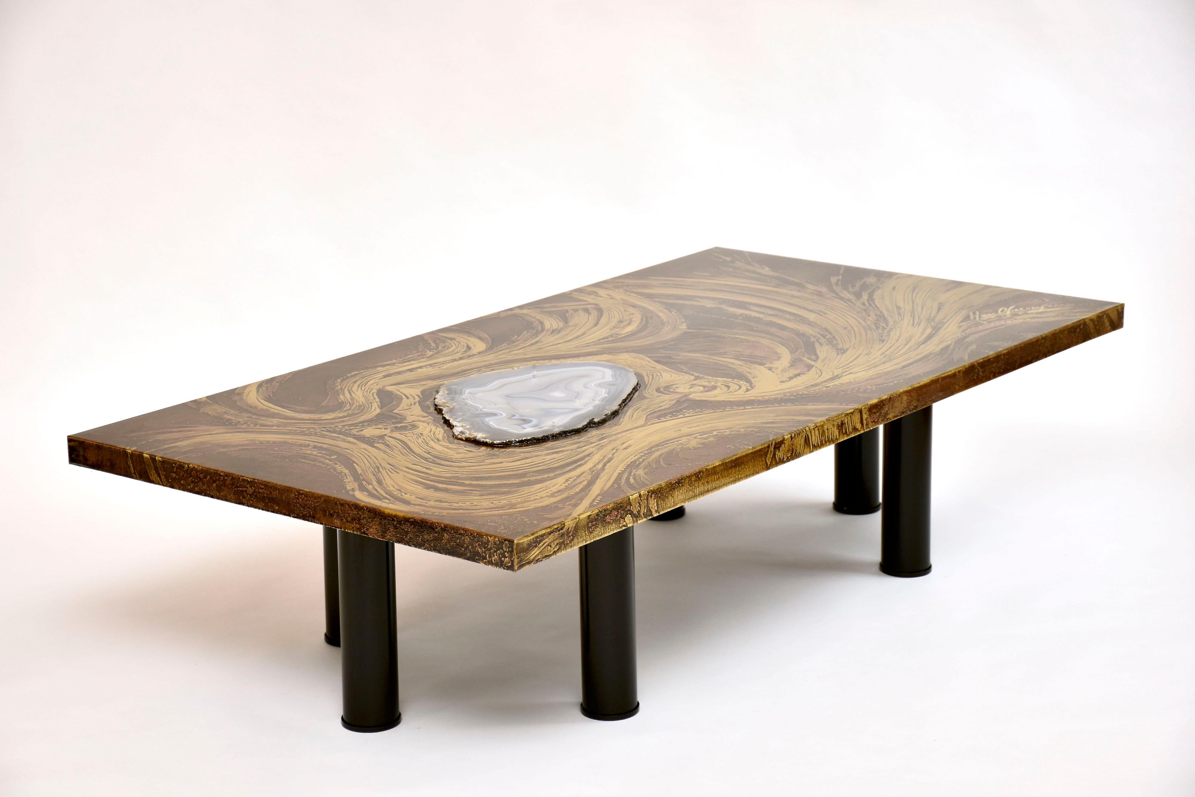 Brass etched coffee table by Marc D'Haenens with agate inlay In Excellent Condition For Sale In SON EN BREUGEL, NL
