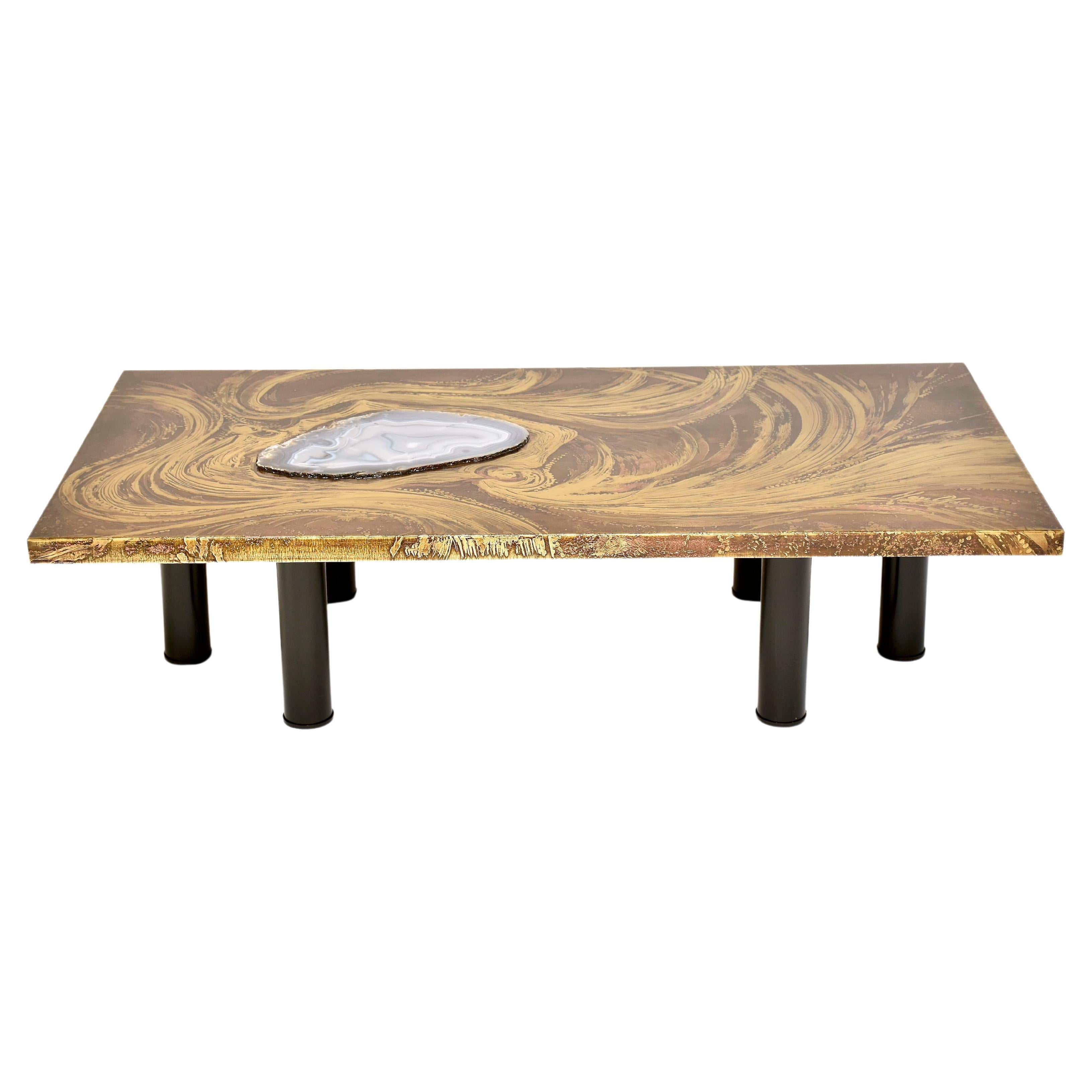 Brass etched coffee table by Marc D'Haenens with agate inlay For Sale